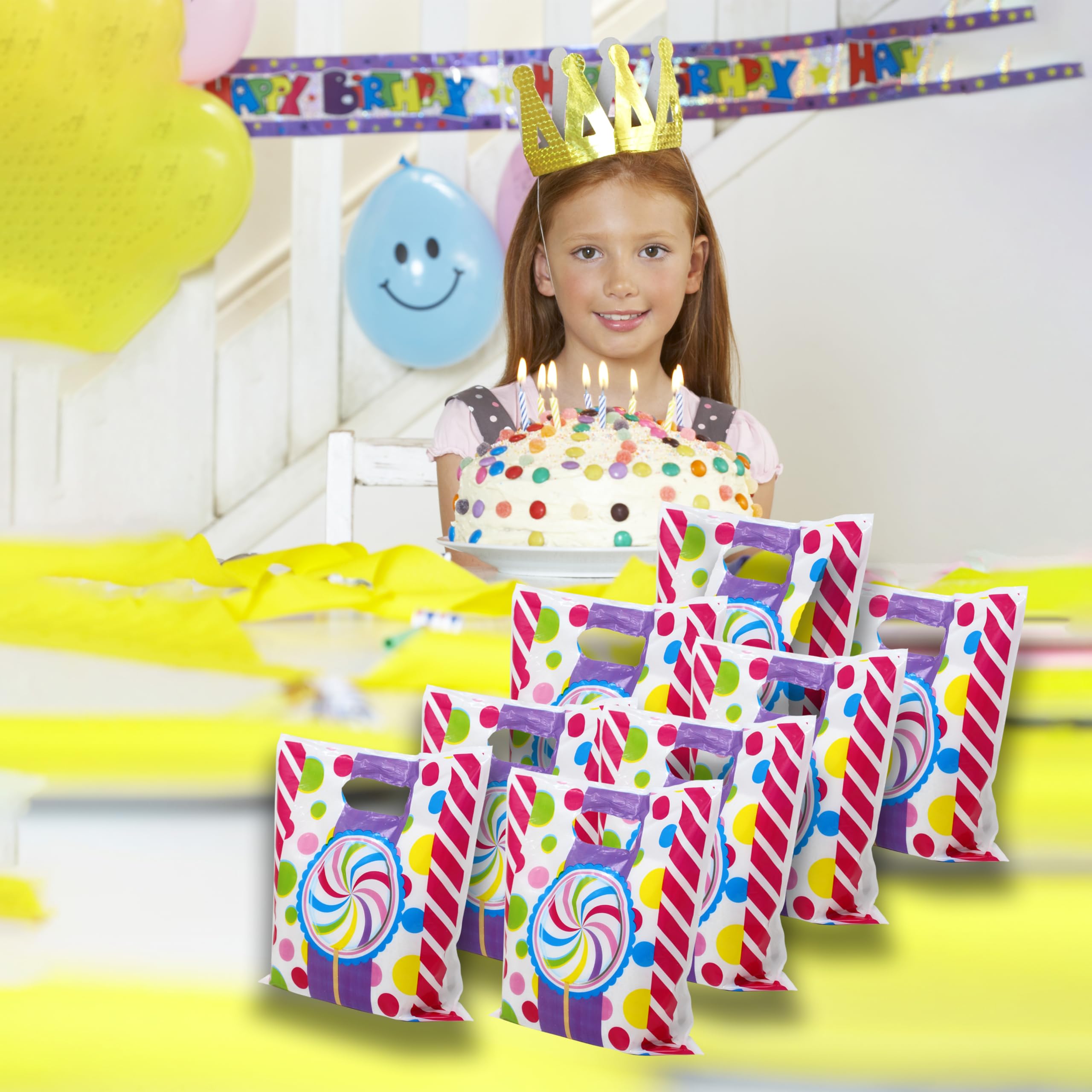 Candyland Party Favor Bags for Kids Bulk - 96 Pack Cute Plastic Goodie Bags with Handles for Birthday Party Supplies | Perfect for Candy Shoppe Parties, Kids Birthday Favors & Halloween Treat Bags