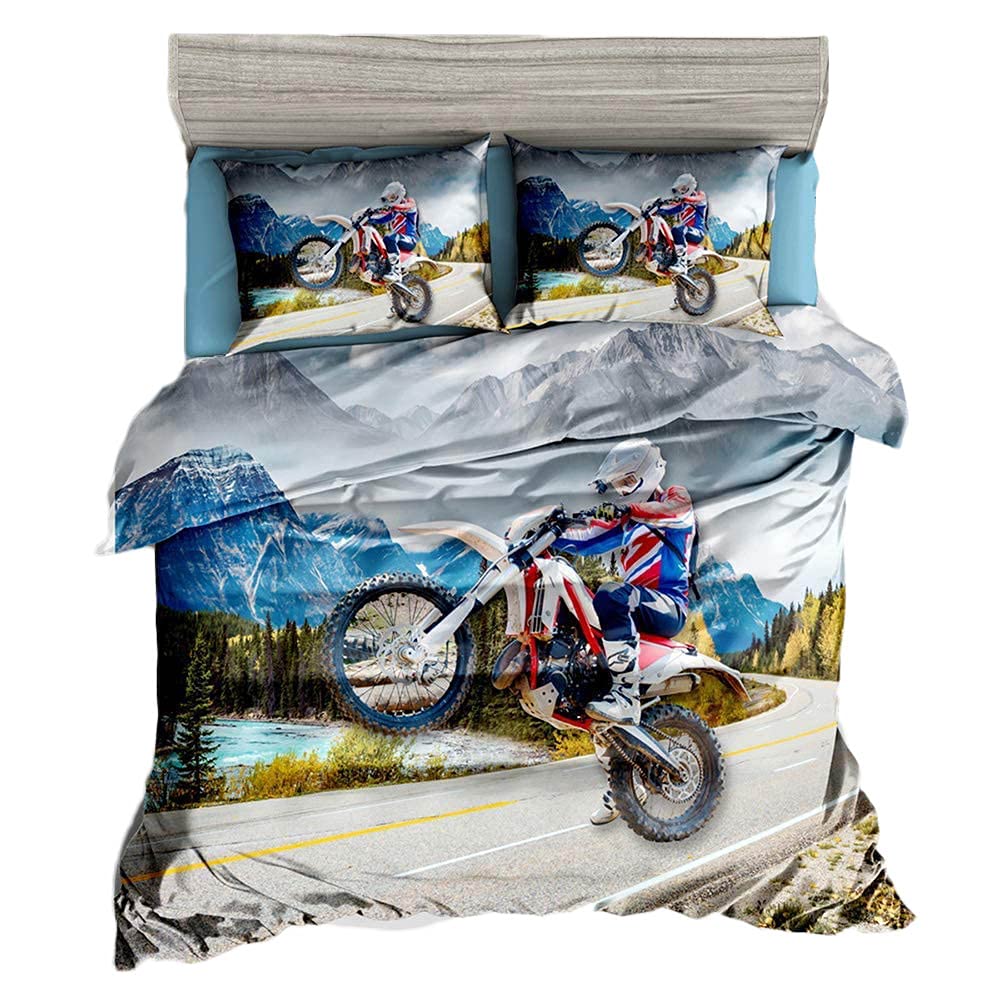 Helehome Boys Motocross Racer Twin Size Duvet Cover Set - 2 Piece Speed Car Theme Comforter with Pillowcase | Extreme Sports Bedding for Kids Room Decor | Perfect for Motocross Fans & Racing Enthusiasts
