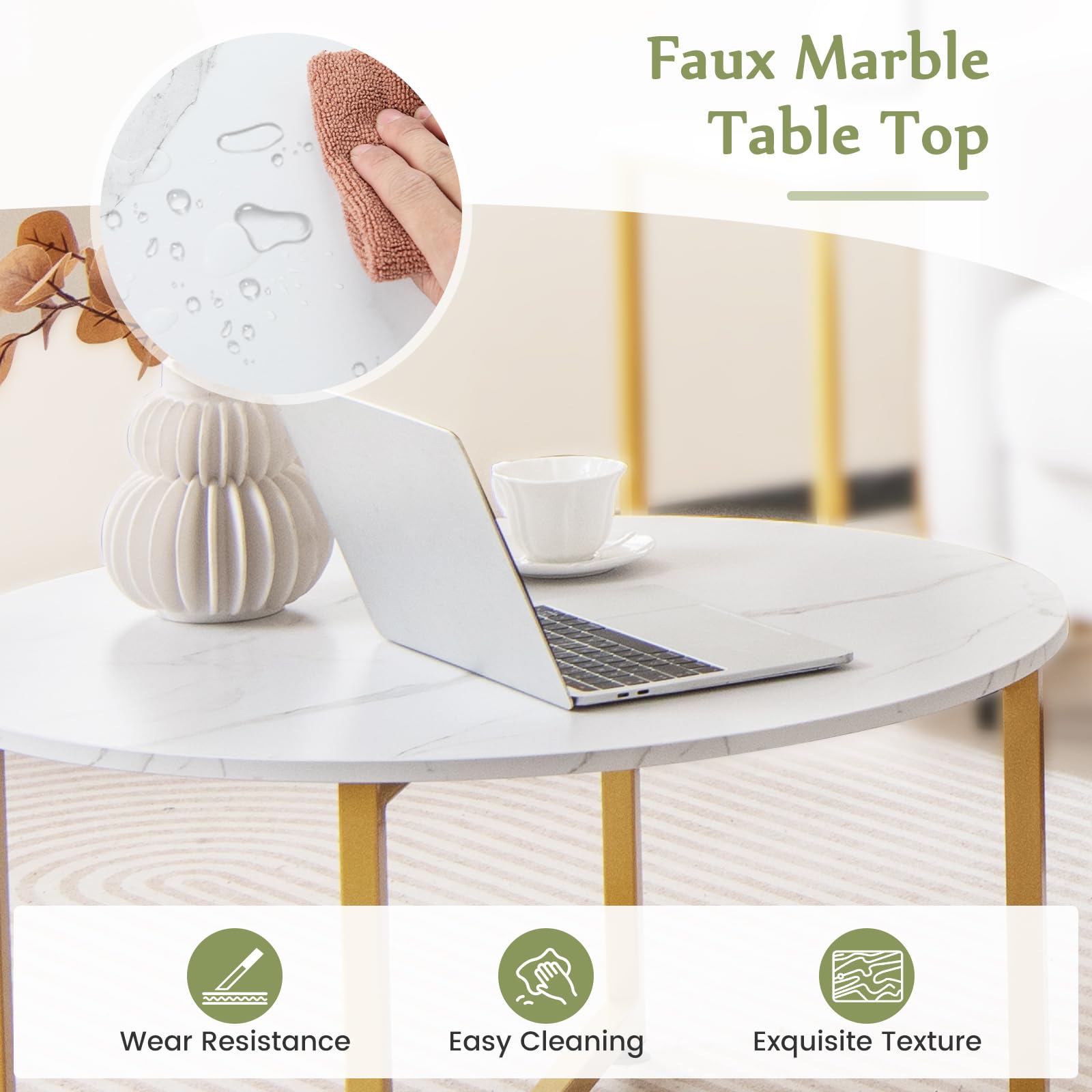 COSTWAY 3-Piece Coffee Table Set - Round Faux Marble Coffee Table & 2 Square End Tables with Sturdy Metal Frame, Modern Living Room Furniture for Small Spaces & Apartments (White & Gold) | Perfect for Compact Living Rooms, Studio Apartments & Cozy Home Decor