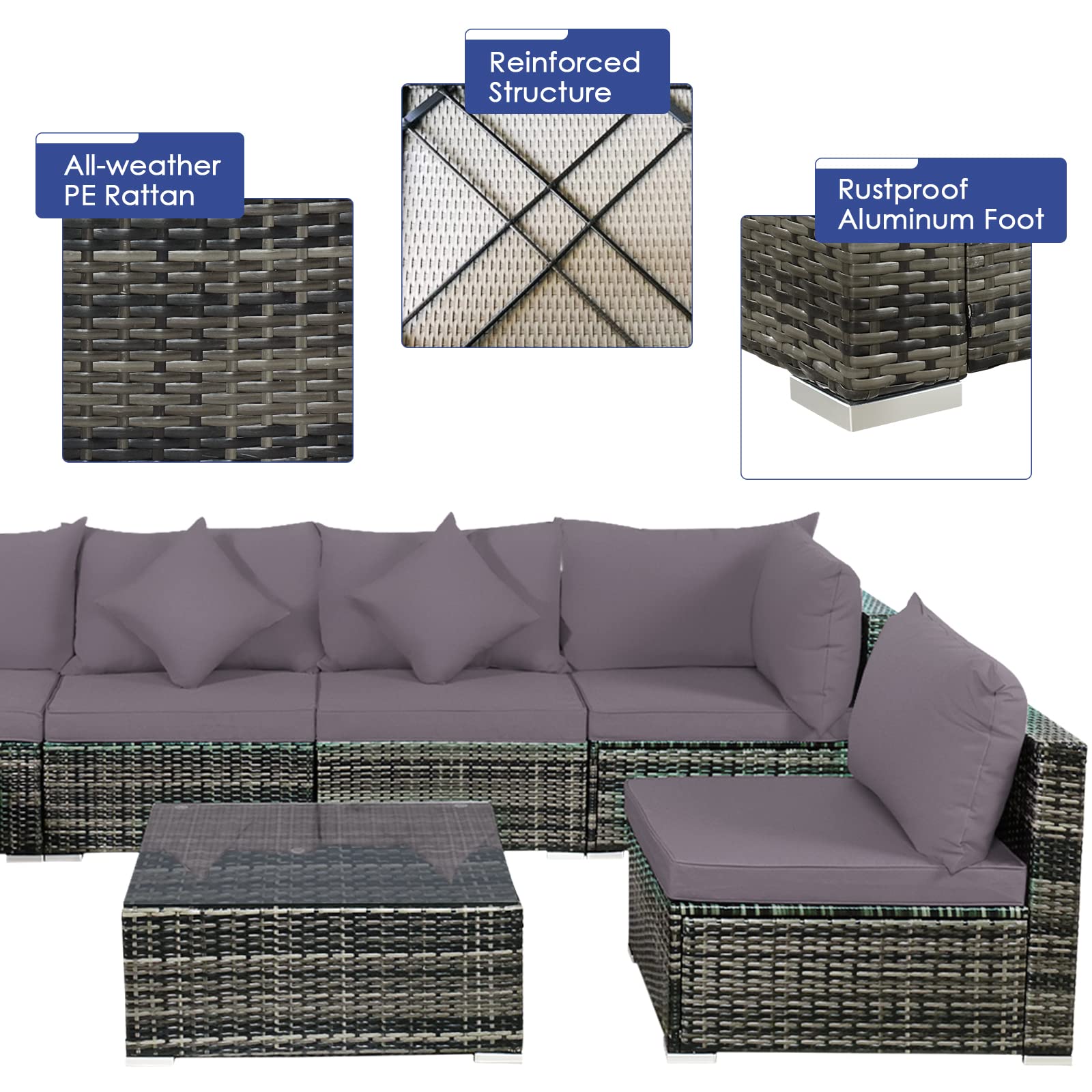 RELAX4LIFE 7-Piece Outdoor Patio Furniture Set - PE Rattan Wicker Conversation Set with Cushions & Glass Coffee Table - Durable Garden, Lawn, Balcony, Poolside Sofa Set - Perfect for Front Porch, Backyard & Outdoor Entertaining (Grey)