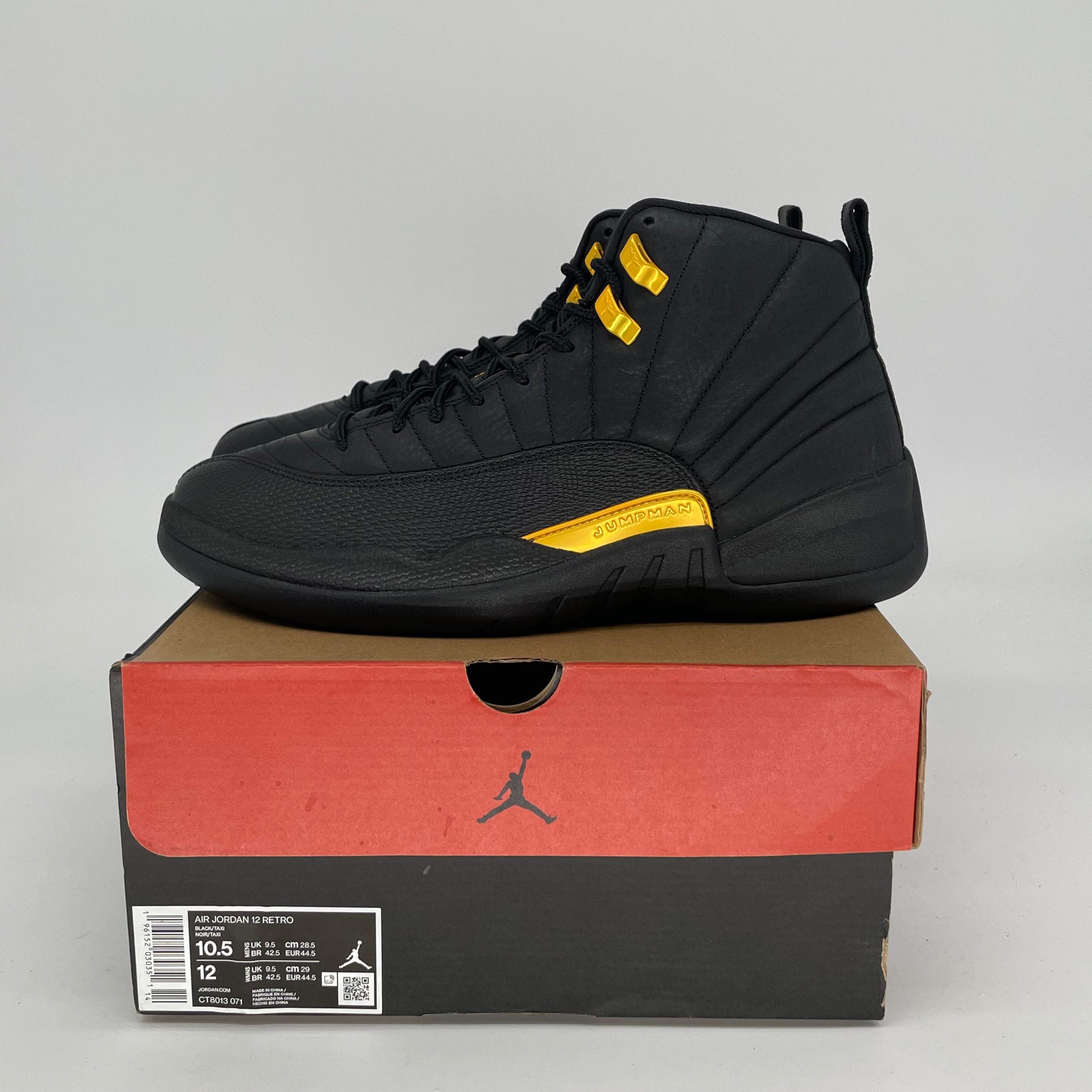 AIR JORDAN 12 Retro Basketball Shoes - Black/Taxi Colorway - Men's Size 11 & Women's Size 12.5W - Style Code CT8013-071 - Perfect for Streetwear & Court Performance