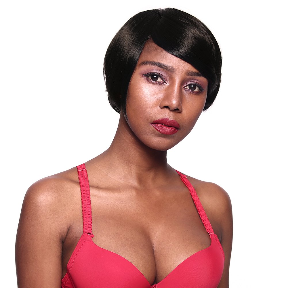 Short Straight Synthetic Bob Wigs for Black Women - 6.5'' Heat Resistant Jet Black Human Hair Wig with Full Side Part | Perfect for Daily Wear, Cosplay & Special Occasions