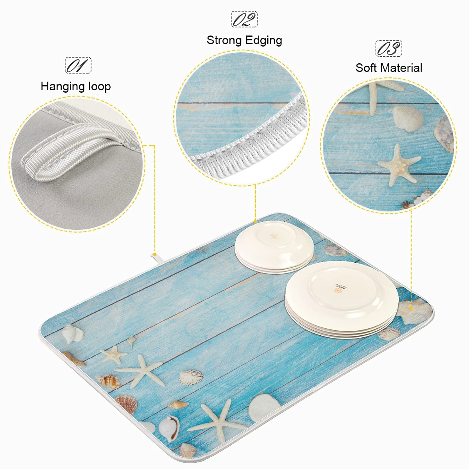 Susiyo Seashell Starfish Design Absorbent Kitchen Drying Mat - 18x24 Inch Blue Wooden Dish Drainer Pad for Countertop, Perfect for Coastal-Themed Kitchens and Beach House Decor