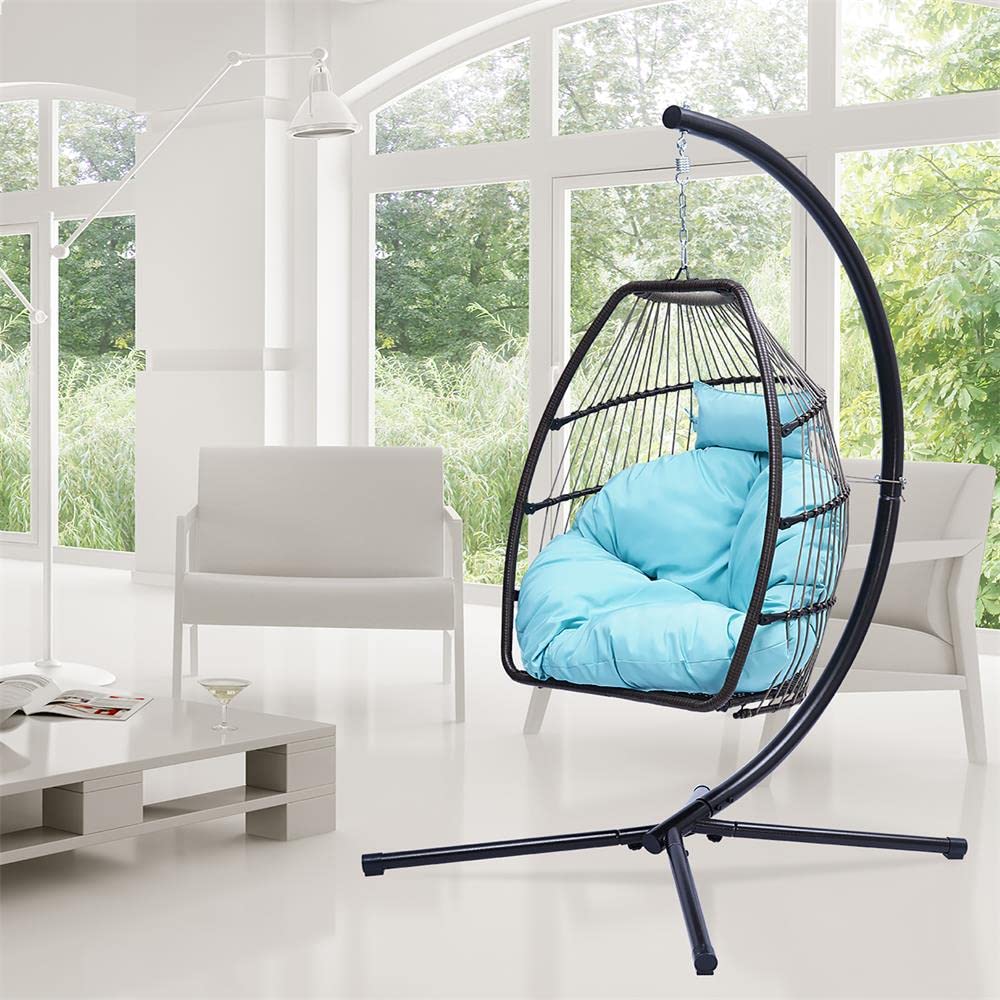 KeKe Swing Egg Chair - Outdoor & Indoor Patio Wicker Hanging Chair with Stand, Rattan Swing Hammock Chair Foldable with Cushion & Pillow (Blue) - Perfect for Backyard, Garden, Balcony & Living Room Relaxation