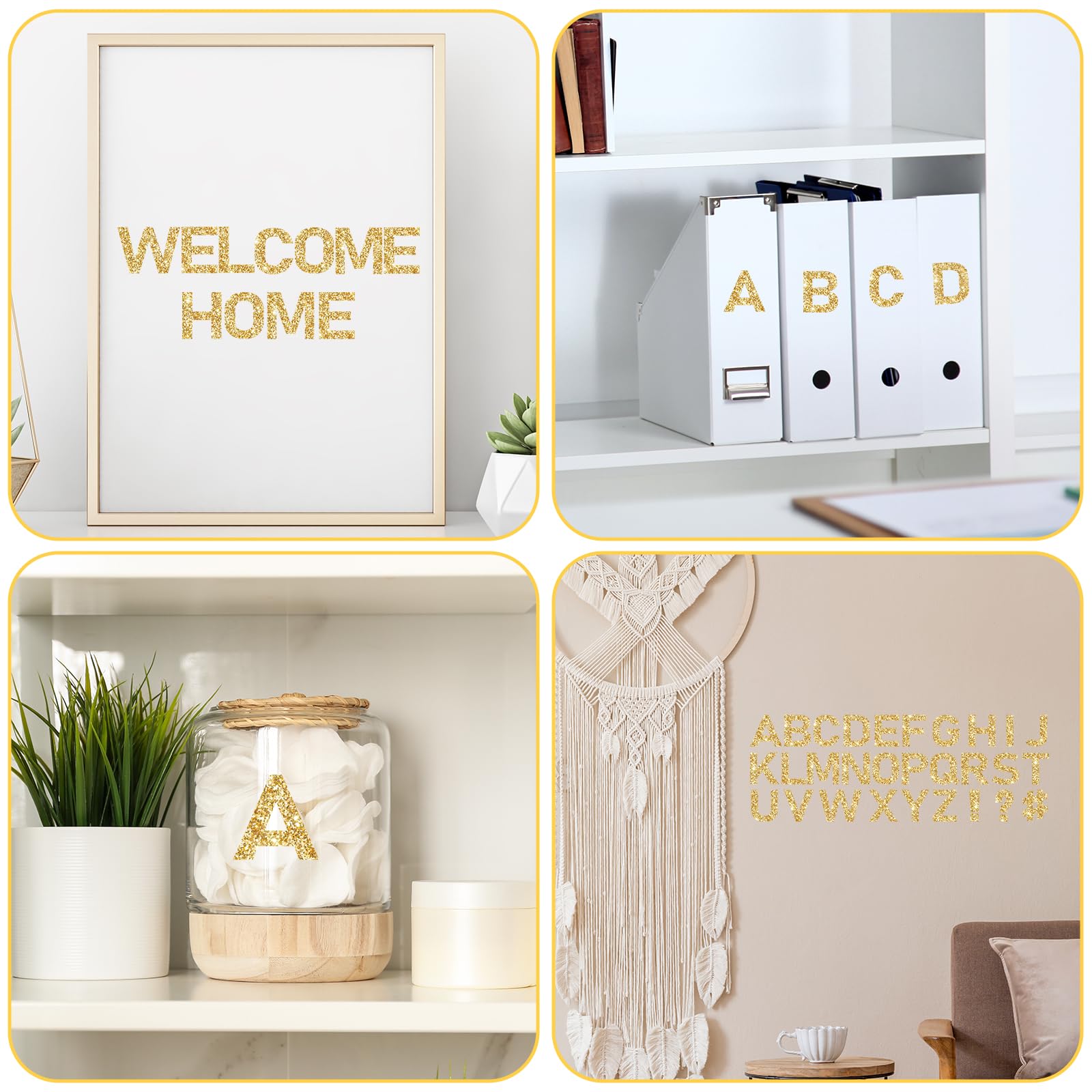 Whaline 232Pcs Gold Glitter Bulletin Board Letter Stickers - 2.5 Inch Self-Adhesive Alphabet Decals, Capital Letters & Symbols for Classroom Decor, Posters, DIY Projects, Party Signs & Wall Art (24 Sheets)