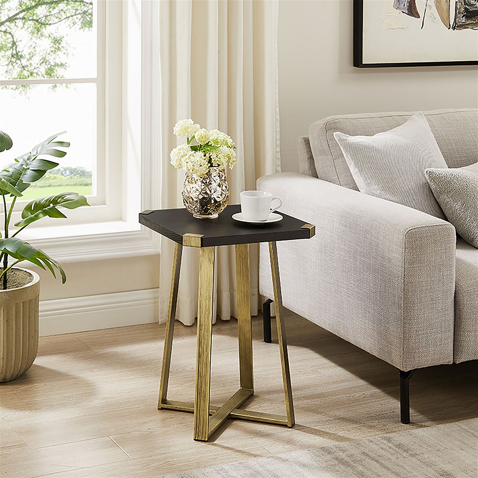 Criterion Capri Square End Table - Black Oak with Gold Accents - Modern Side Table for Living Room, Bedroom, or Office