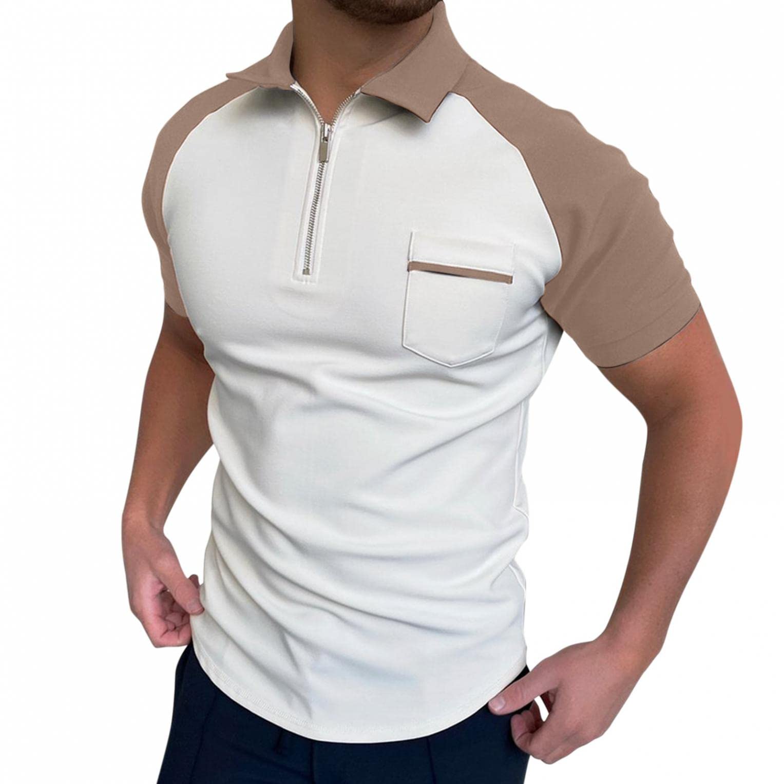 NOLDARES Men's Classic Fit Cotton Polo Shirts - Short Sleeve Zipper Lapel Color Block Pocket Shirts for Casual & Business Wear | Golf, Office, Outdoor Activities