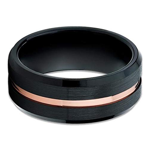 Rose Gold Tungsten Wedding Ring for Men & Women - 18k Rose Gold Plated Black Tungsten Band - Anniversary & Engagement Ring with Beveled Edges & Comfort Fit - Perfect for Weddings, Proposals & Special Occasions