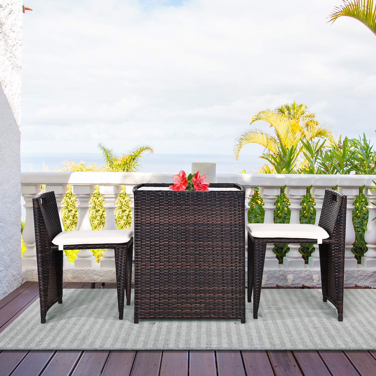 Tangkula 3-Piece Brown Outdoor Rattan Dining Set - Patio Bistro Table with Tempered Glass & Cushioned Wicker Chairs - No Assembly Required - Space Saving Furniture for Courtyard, Balcony, Garden, Backyard & Small Outdoor Spaces
