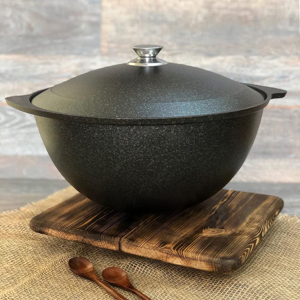 Non-Stick Cast Iron Kazan Pot (9L) – Asian Cauldron for Pilaf, Camping & Outdoor Cooking – Heavy Duty Wok with Glass Lid – Perfect for Home Kitchen & BBQ