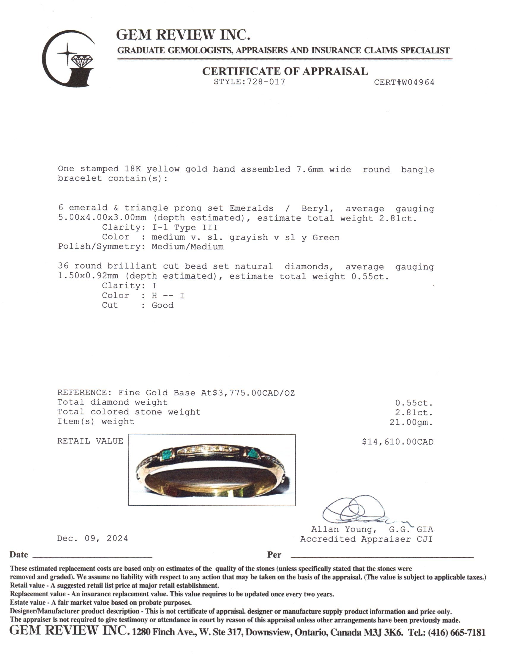 18K Yellow Gold Emerald and Diamond Bangle Bracelet - 0.55ctw Diamonds & 2.81ctw Emeralds - 7.75 Inches - Elegant Jewelry for Women, Perfect for Weddings, Anniversaries, and Special Occasions