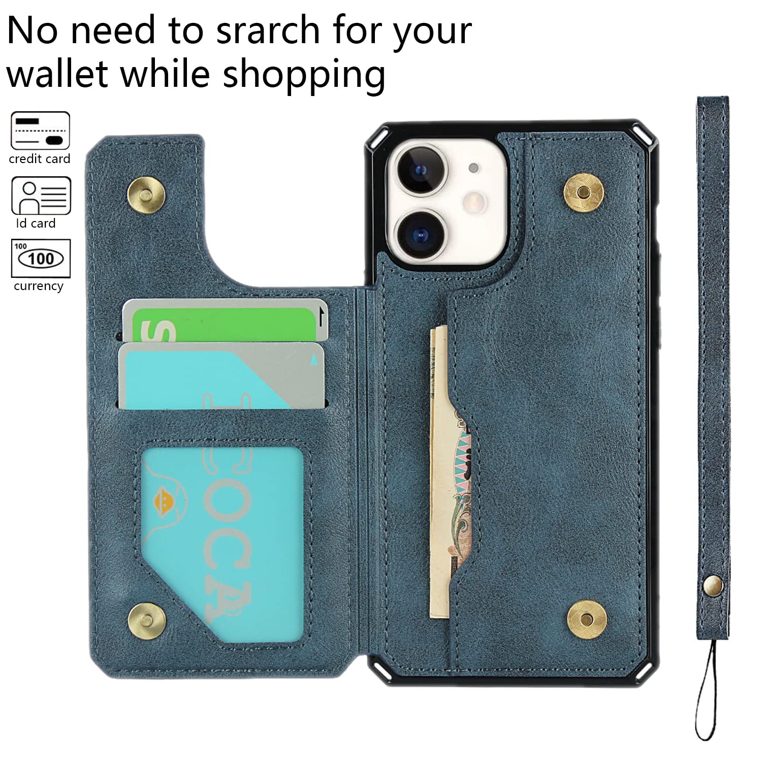 Premium PU Leather iPhone 11 Wallet Case with Card Slots & Kickstand - Magnetic Clasp, Shockproof Flip Cover with Wrist Strap (Blue) - Perfect for Daily Commute, Travel & Hands-Free Convenience