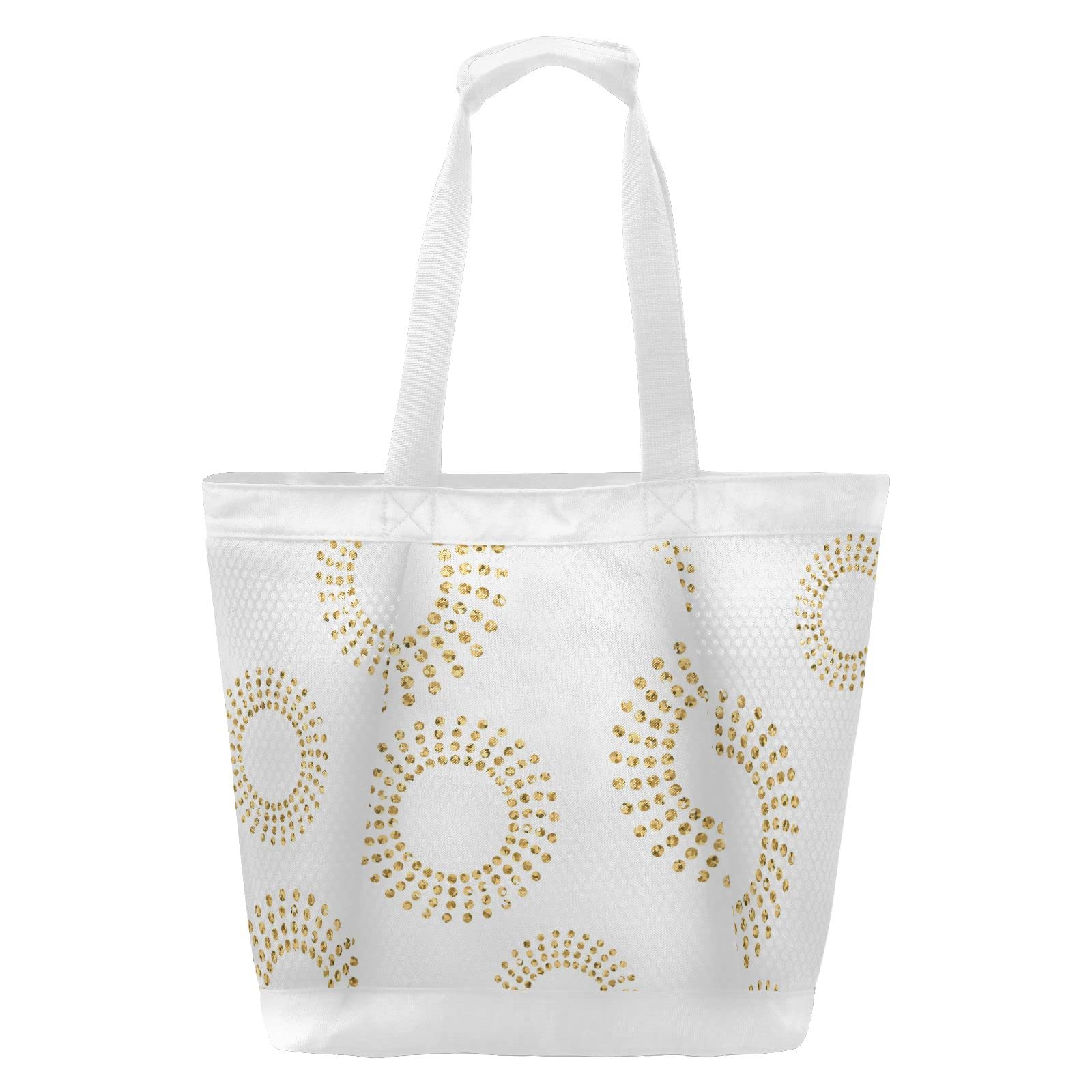 J JOYSAY Abstract Gold Circle Mesh Beach Tote Bag - Large Waterproof Women's Travel Tote for Beach, Gym & Overnight Trips | Perfect for Summer Vacation, Pool Party & Shopping