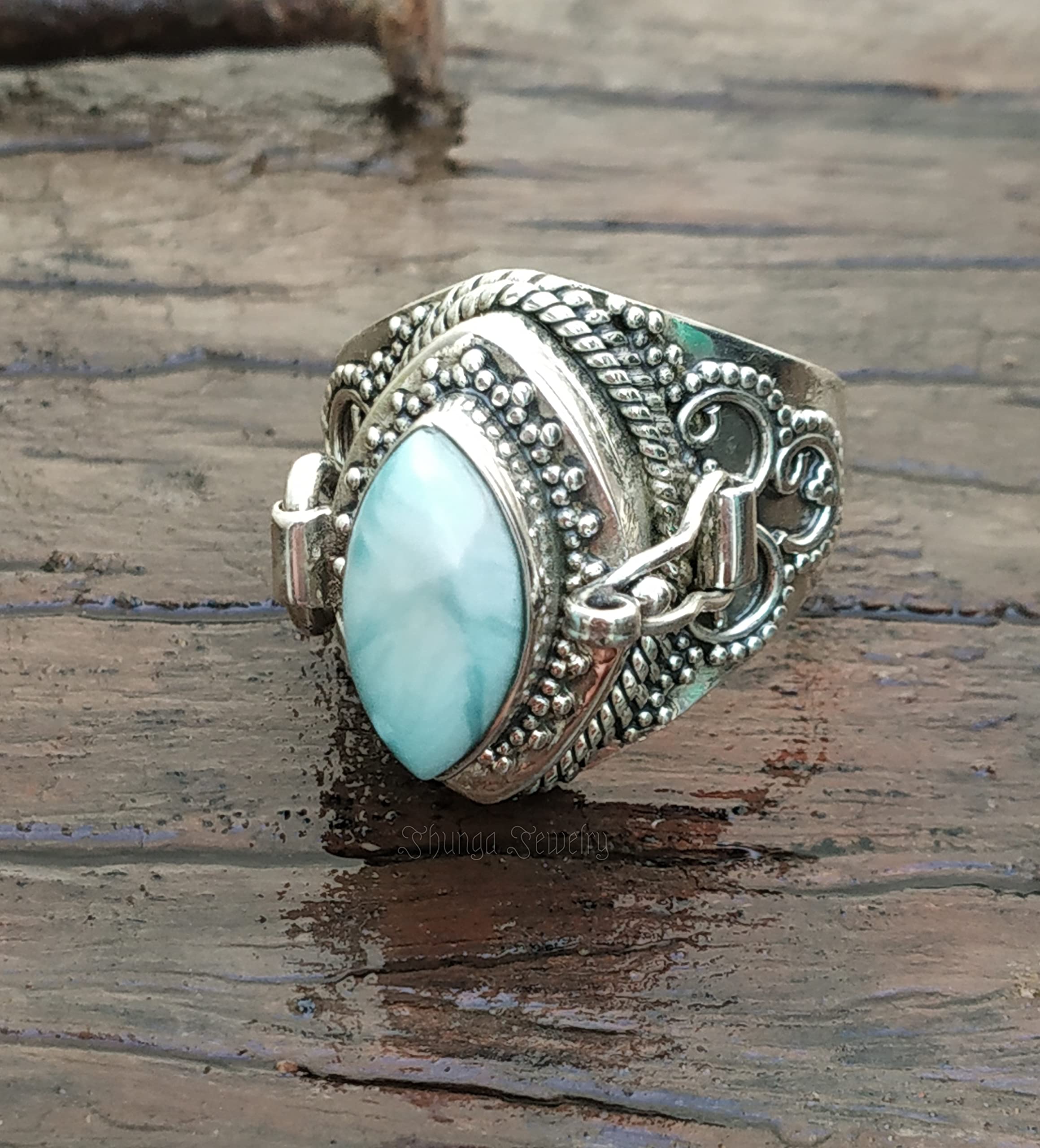 Dominican Republic Larimar Poison Ring - Sterling Silver Locket Ring with Secret Compartment | Magic Portal Jewelry, Bali Style Pill Box Ring | Perfect for Gifts, Witchy Aesthetic & Boho Fashion (Size 6)