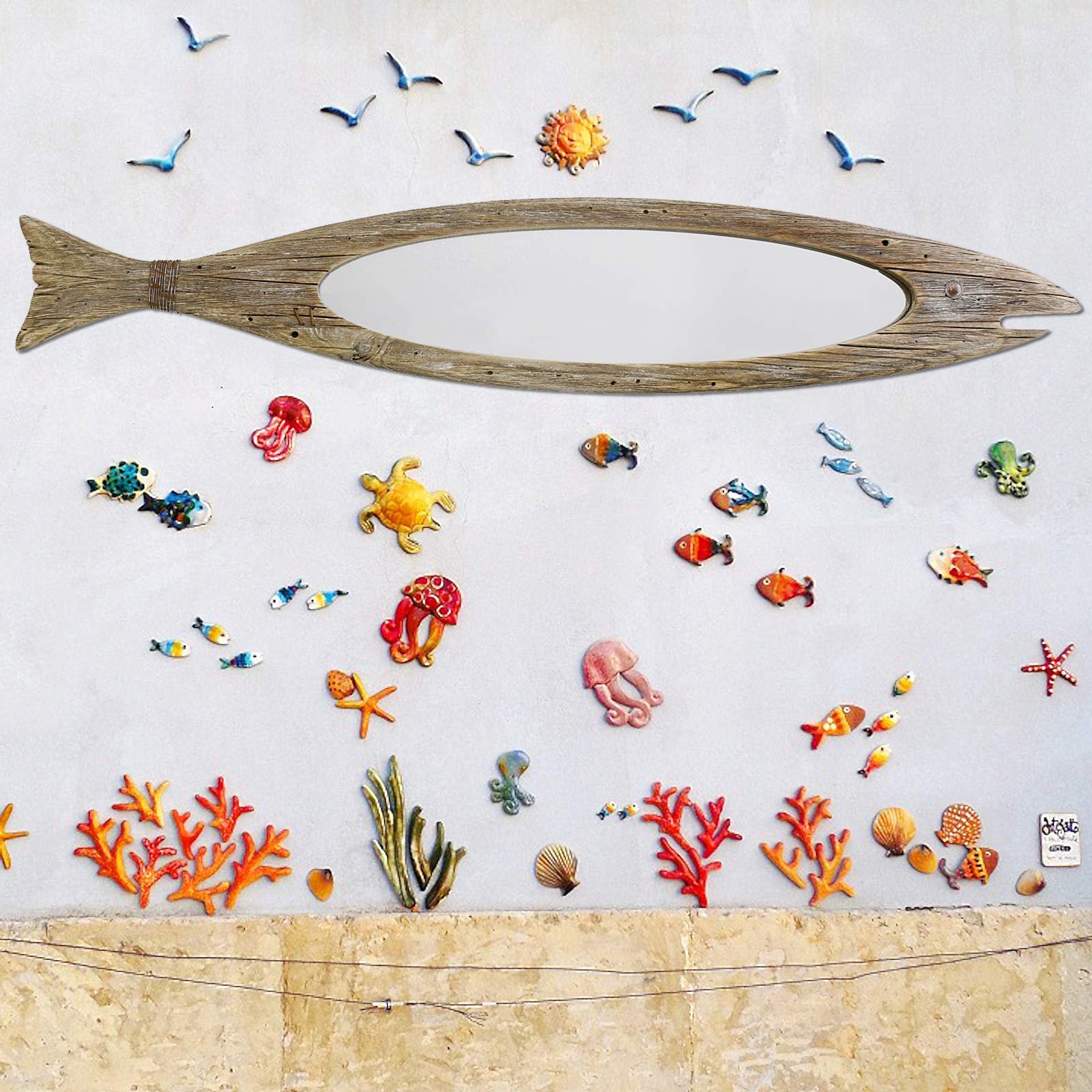 Wooden Fish Mirror Wall Decor - Rustic Nautical Hanging Mirror for Beach Themed Home, Bathroom & Bedroom | Coastal Style Home Accent for Bath, Bedroom & Living Room Decor