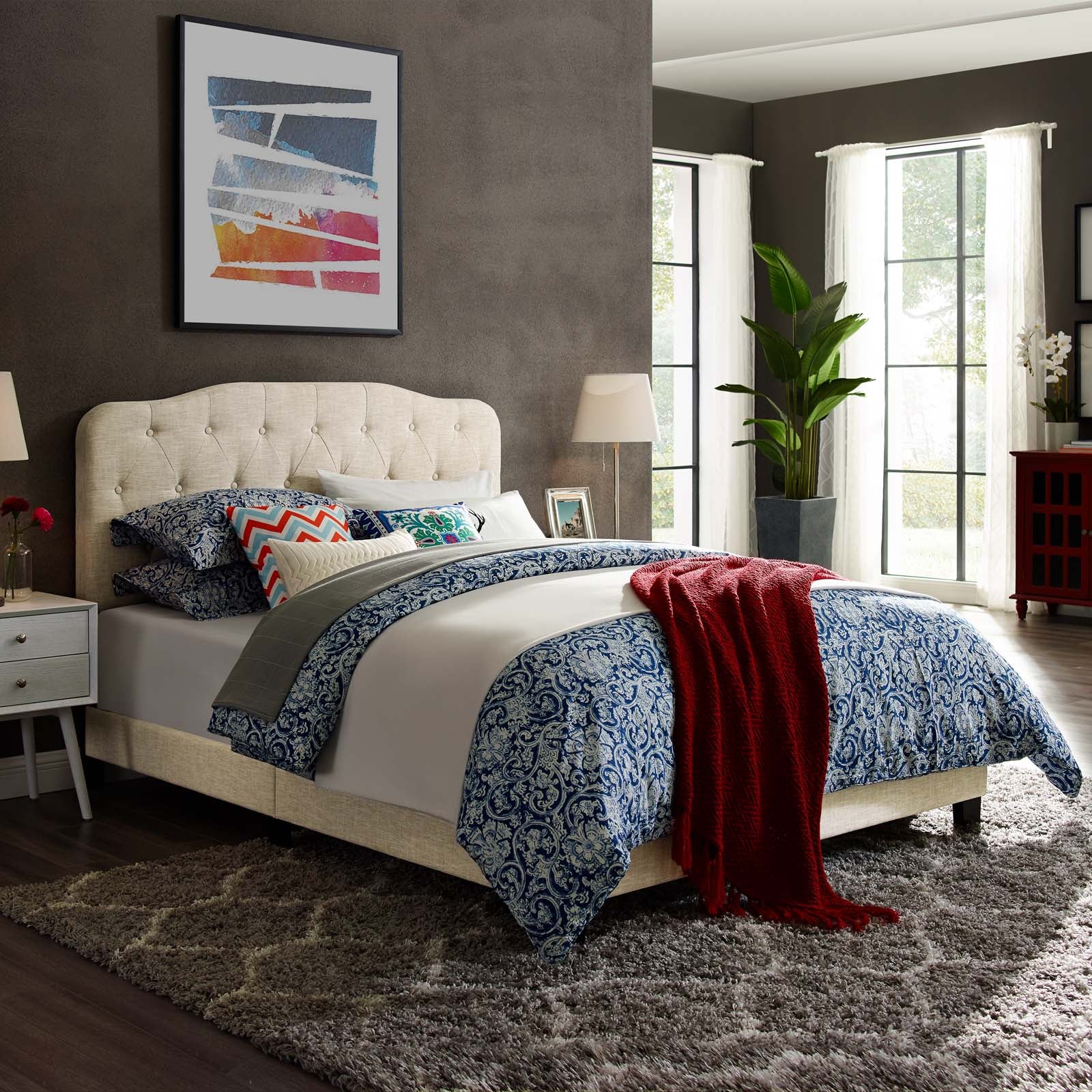 Amelia Upholstered Fabric Bed Frame - Queen Size Platform Bed with Headboard for Bedroom, Living Room & Guest Room