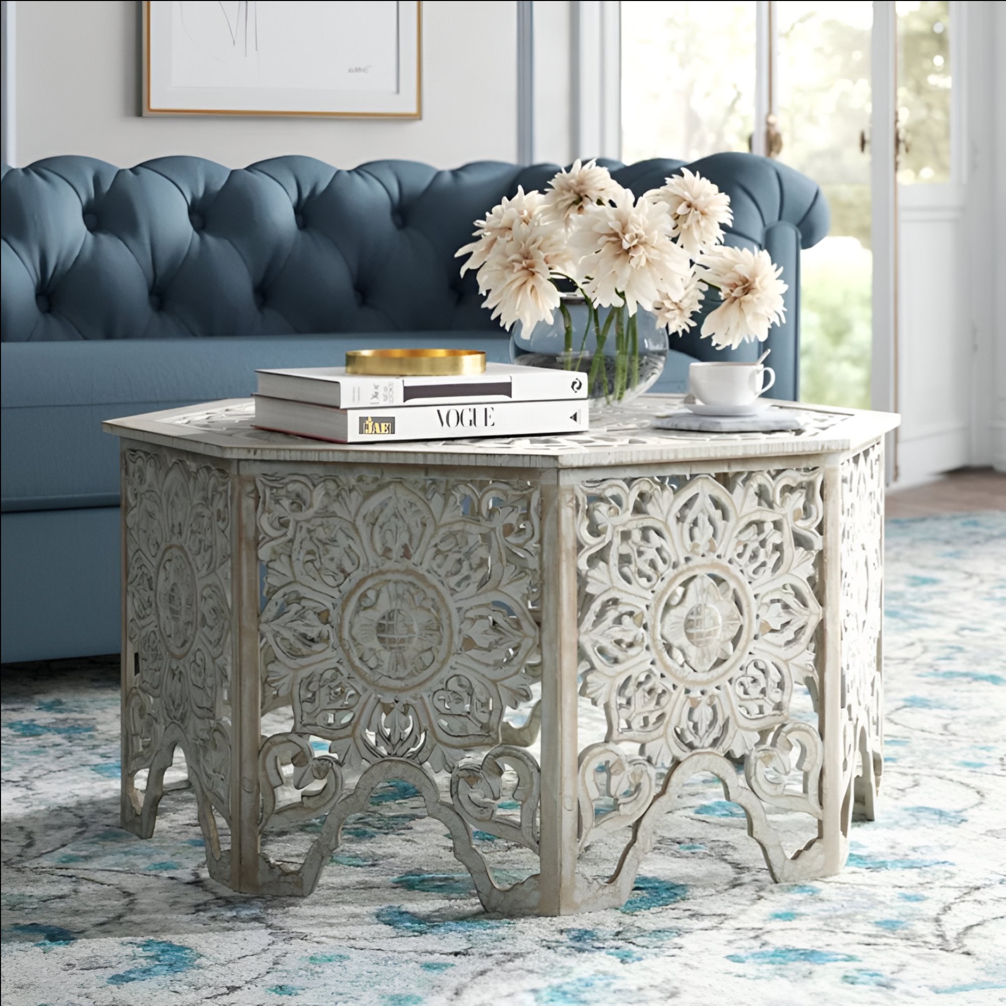 Handmade Carved Mango Wood Octagon Coffee Table - Light Grey Distressed Finish - Rustic Farmhouse Living Room Centerpiece for Home Decor
