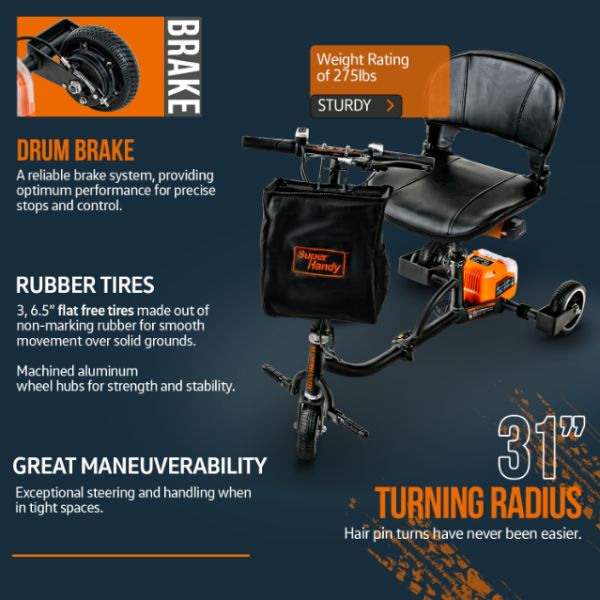 SuperHandy 3 Wheel Portable Travel Mobility Scooter - Lightweight & Compact for Seniors & Adults - Perfect for Airports, Shopping Malls & Outdoor Adventures