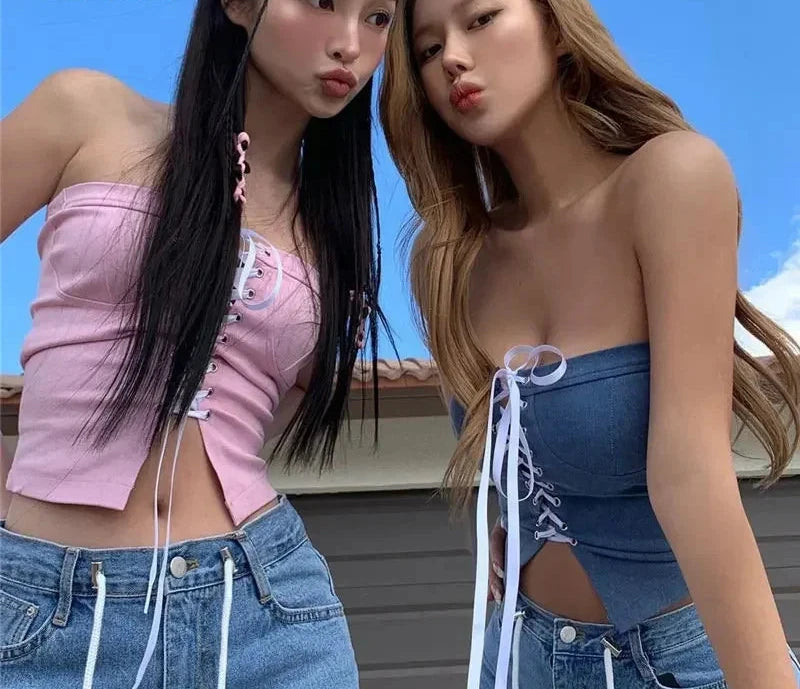 Sexy Pink Tube Top for Women - Korean Fashion Bandage Bustier Corset Top | Summer Streetwear 2023 | Perfect for Parties, Clubbing & Casual Outfits