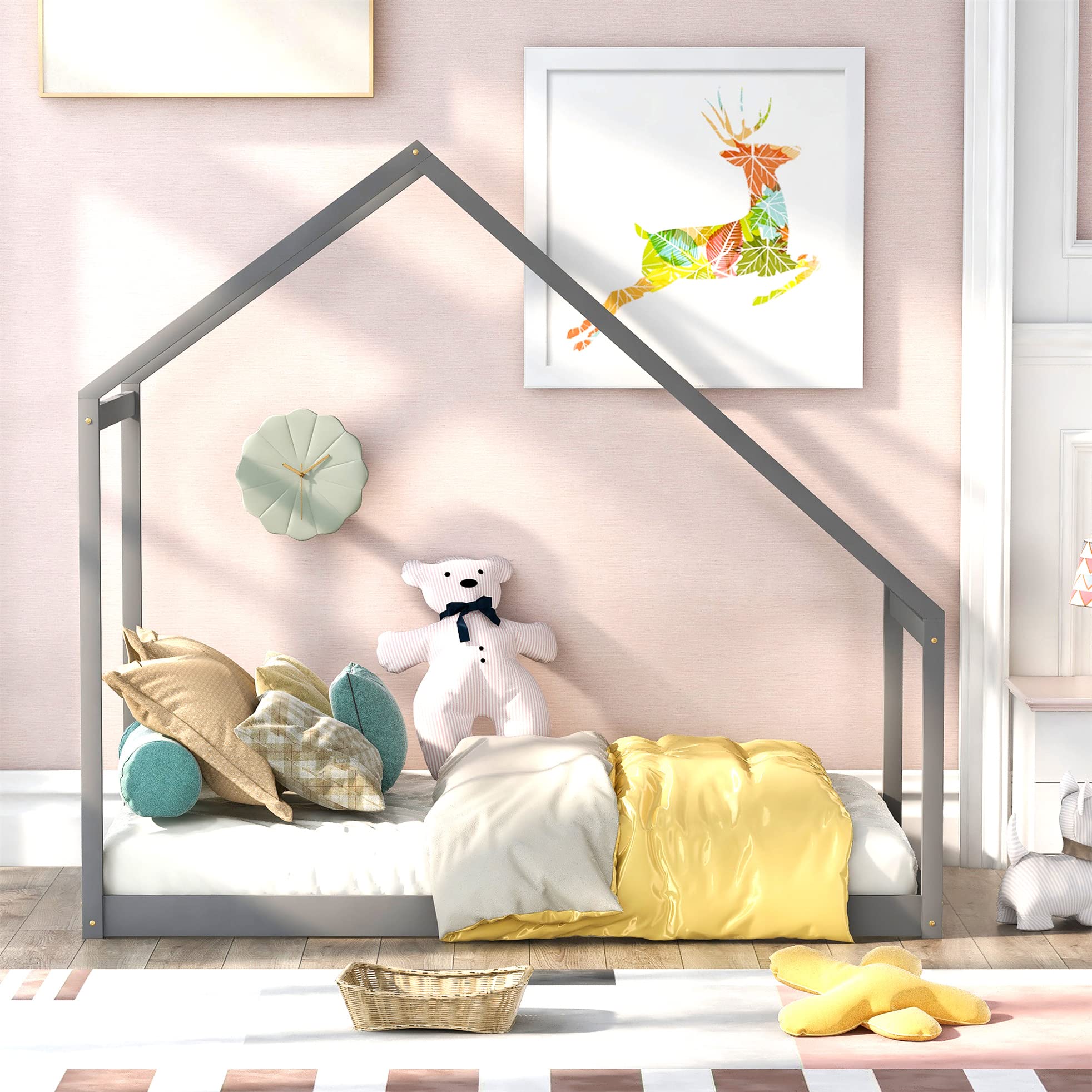 MERITLINE Twin Size Wooden House Bed with Roof for Kids - Platform Bed Frame for Toddler, Kids & Teens - Gray Floor Bed - Perfect for Bedrooms, Playrooms & Montessori Spaces