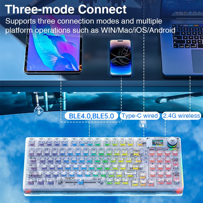 AULA F98 Pro Wireless Mechanical Keyboard - Hot-Swappable RGB Gaming Keyboard with Transparent Keycaps, Pre-Lubed Linear Switches, Gasket Mount & OLED Screen (BT5.0/2.4G/USB-C) - Perfect for PC Gaming, Office Work & Typing Enthusiasts