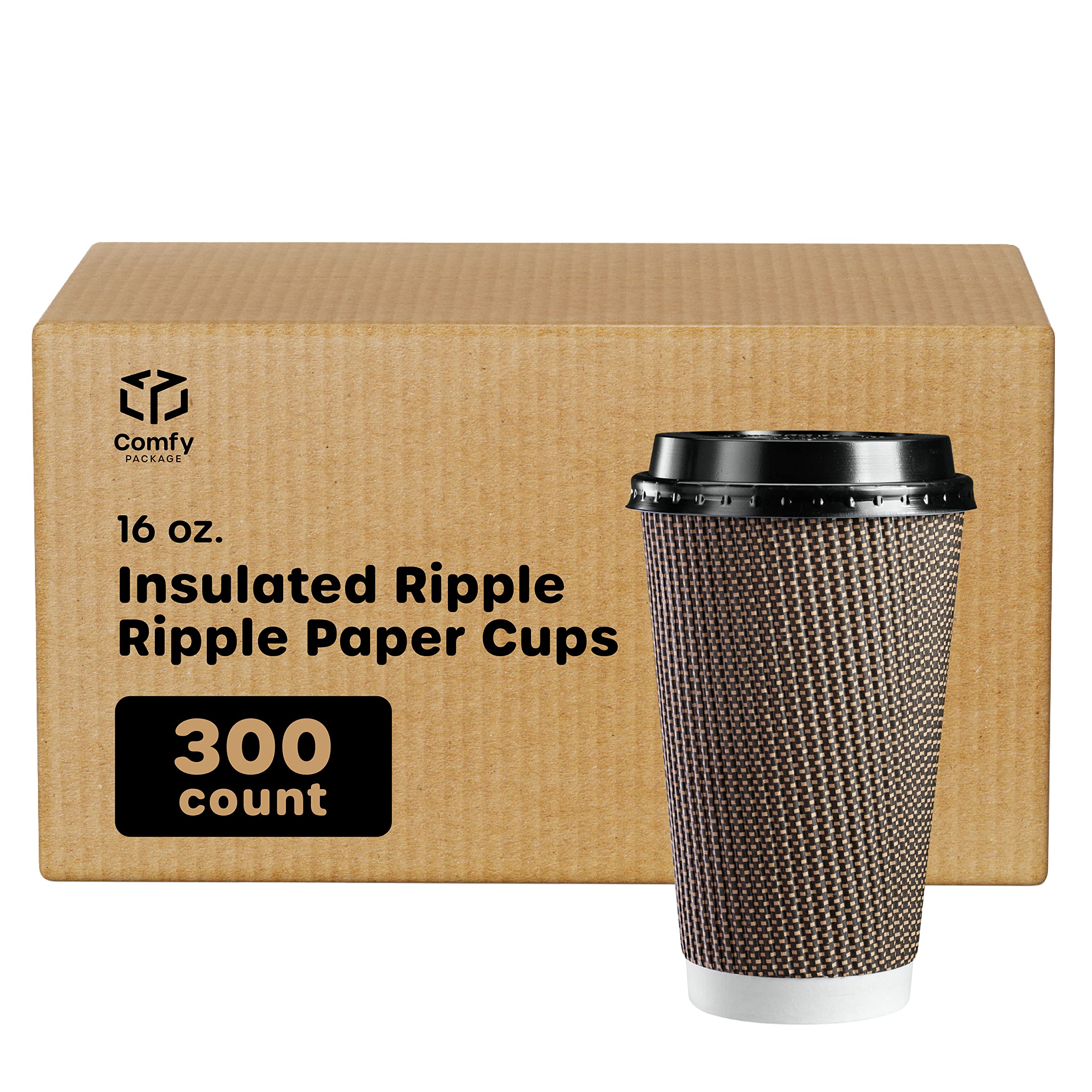 250 Pack 16 oz Insulated Brown Ripple Paper Coffee Cups with Lids - Eco-Friendly Hot Beverage Containers for Coffee Shops, Office Break Rooms & Travel - Lids Color May Vary