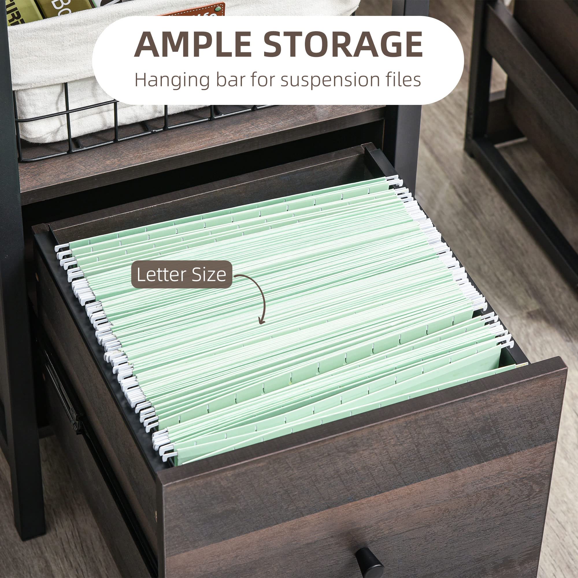 HOMCOM Industrial Style Home Office Desk with Filing Cabinet Storage Drawer for Letter Size Papers - Steel Frame Black/Walnut Computer Desk for Small Spaces, Home Office & Study Room