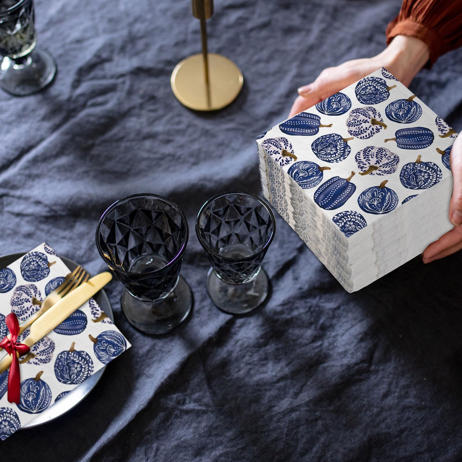 AnyDesign 80Pcs Fall Pumpkin Napkins - Blue & White Chinoiserie Disposable Paper Luncheon Napkins for Autumn, Thanksgiving, Halloween, Home Decor & Party Supplies - Perfect for Dinner Parties, Table Settings & Seasonal Celebrations