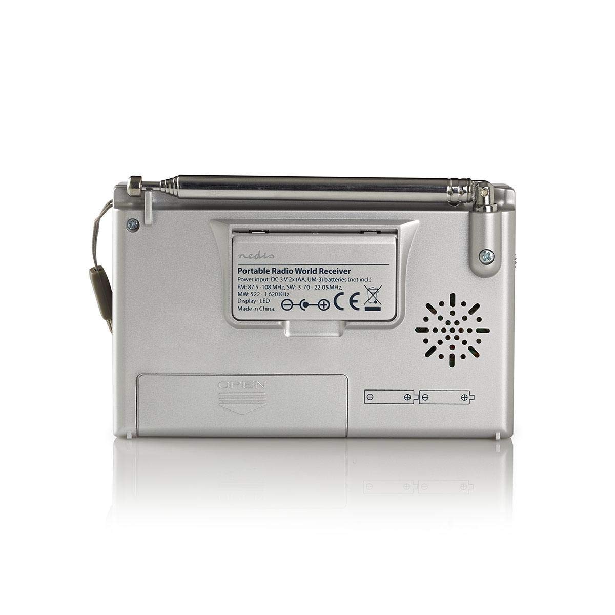 Nedis Portable AM/FM/SW World Radio Receiver with Alarm Clock, LED Display & Headphone Jack | Battery Powered 1.5W Grey | Perfect for Travel, Emergency, Home & Outdoor Use