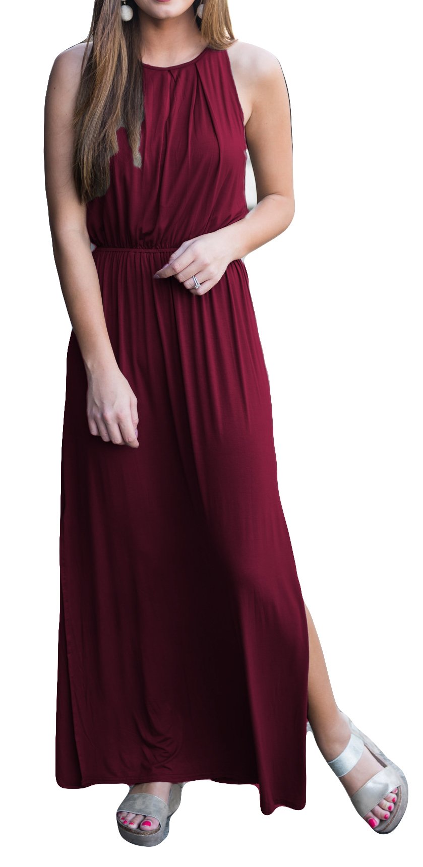 POGTMM Women's Summer Sleeveless Stretchy Maxi Dress with High Slit - Flowy Casual Party Dress for Beach, Vacation & Evening Outings