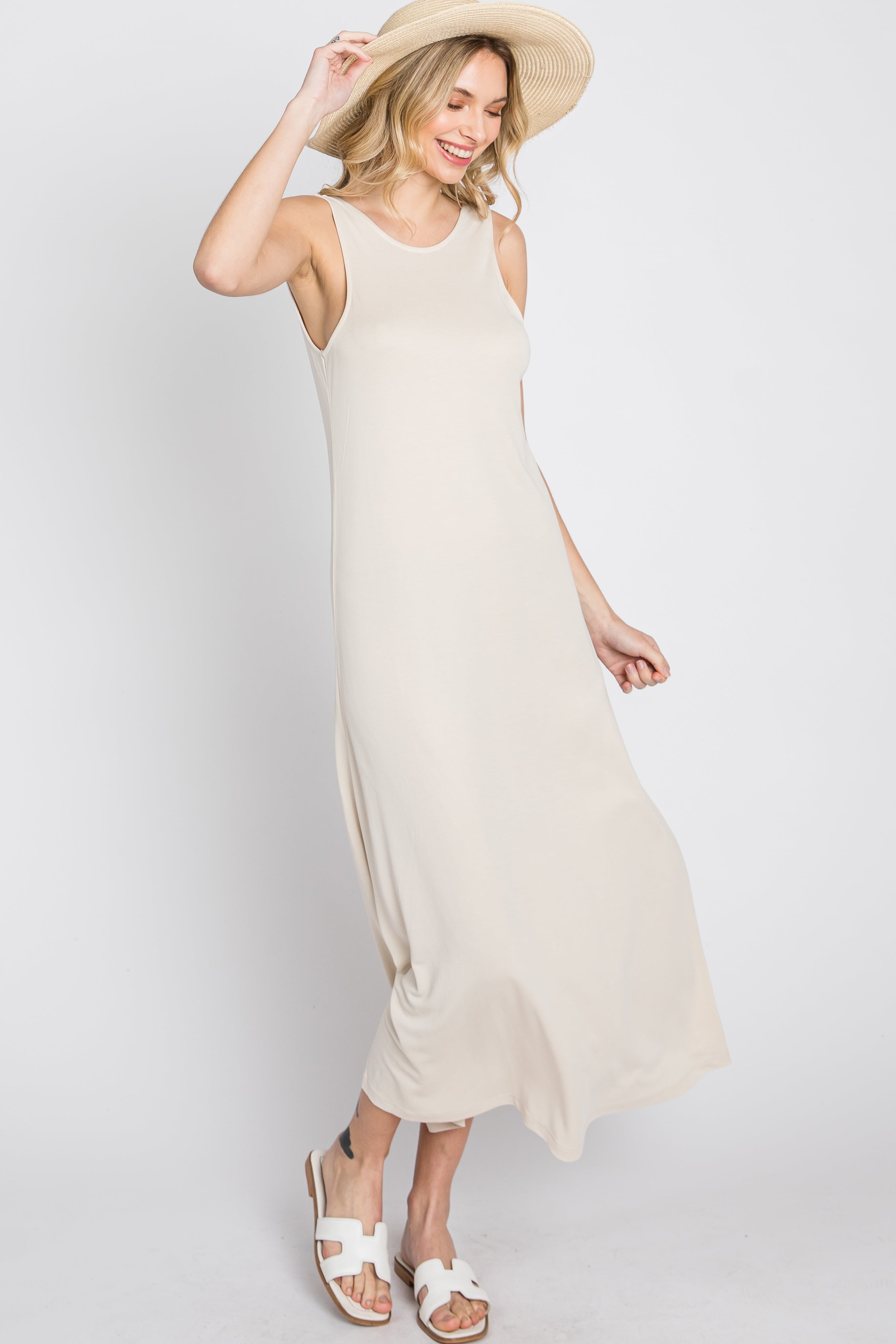 Beige Low V Back Sleeveless Midi Dress for Women - Elegant Summer Casual & Wedding Guest Outfit - Perfect for Beach Vacations, Date Nights & Special Occasions