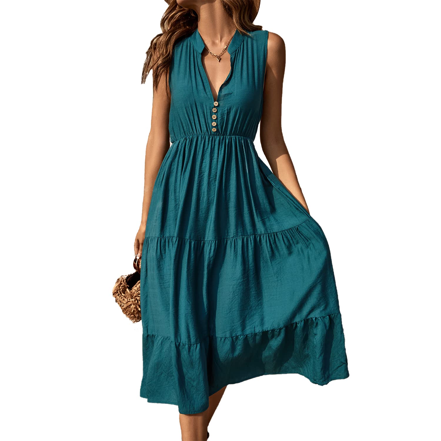 BROVAVE Women's 2025 Summer Sleeveless Striped V-Neck Collar Shirt Dress - Casual Midi Dress for Beach, Office & Everyday Wear