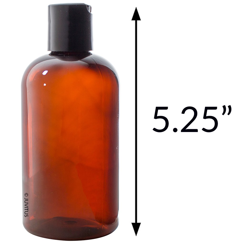 JUVITUS 8 oz Amber Boston Round PET Plastic Bottles (BPA Free) - 12 Pack with Black Disc Cap | Essential Oil, DIY Beauty & Herbal Storage Bottles for Home, Lab & Crafting