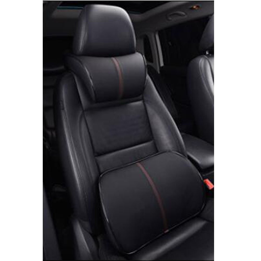 Memory Foam Lumbar Support Pillow for Car & Office Chairs - Ergonomic Back Cushion with Neck Support - Posture Corrector & Pain Relief - Black PU Leather - Perfect for Long Drives, Work from Home & Back Comfort