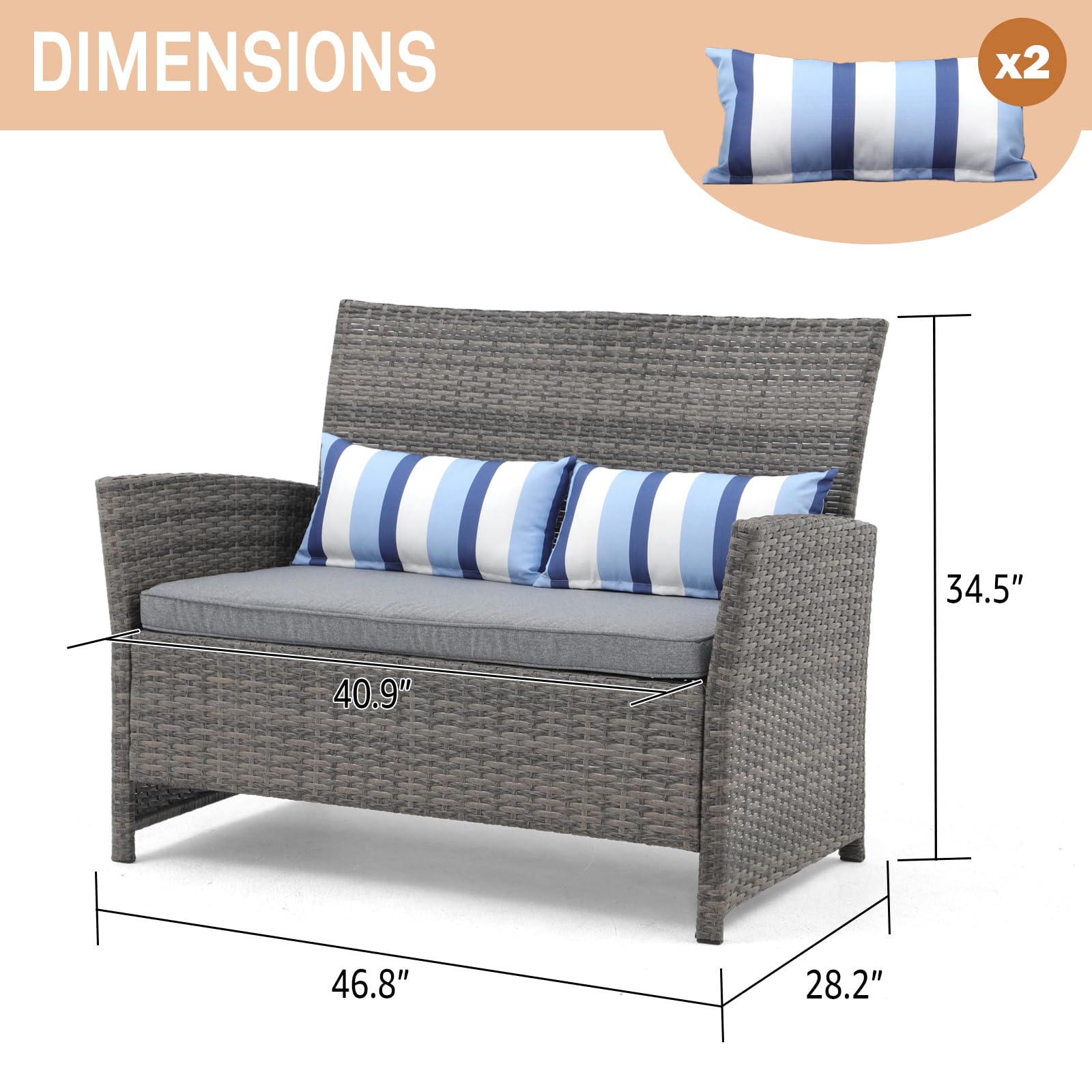 **SUNSITT Outdoor Wicker Loveseat with Cushions – 2-Seater PE Rattan Sofa with Lumbar Pillows, Grey Wicker & Grey Cushions – Durable Steel Frame – Perfect for Patio, Backyard, Garden, Poolside & Porch Relaxation**