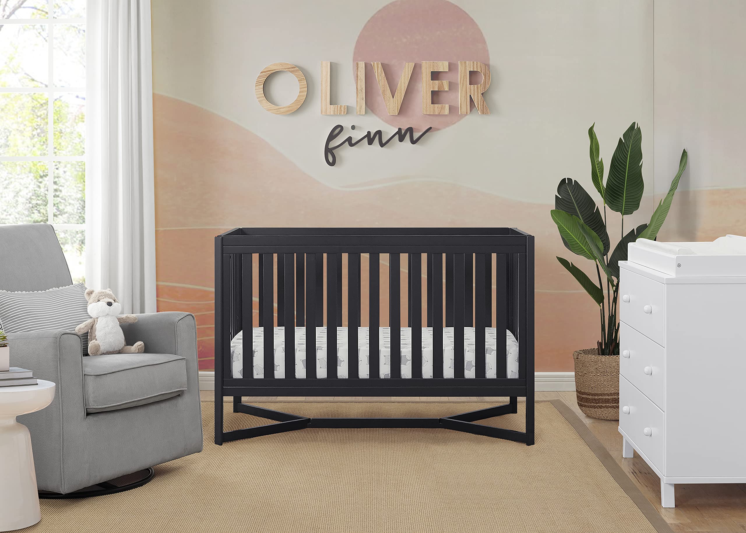Delta Children Tribeca 4-in-1 Convertible Baby Crib with Simmons Kids Quiet Nights Eco-Friendly Toddler Mattress - GREENGUARD Gold Certified, Recycled Materials, Midnight Grey | Nursery Essential for Safe & Sustainable Sleep