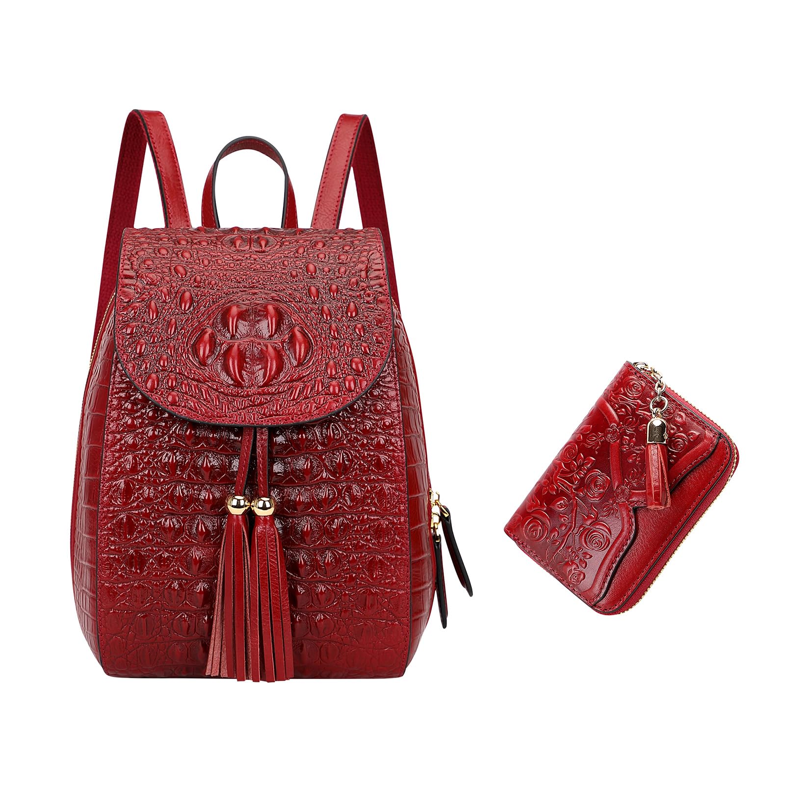 PIJUSHI Designer Genuine Leather Crocodile Print Backpack Set with Floral Card Holder Wallet & Tassel - Perfect for Travel, Work & School Accessories