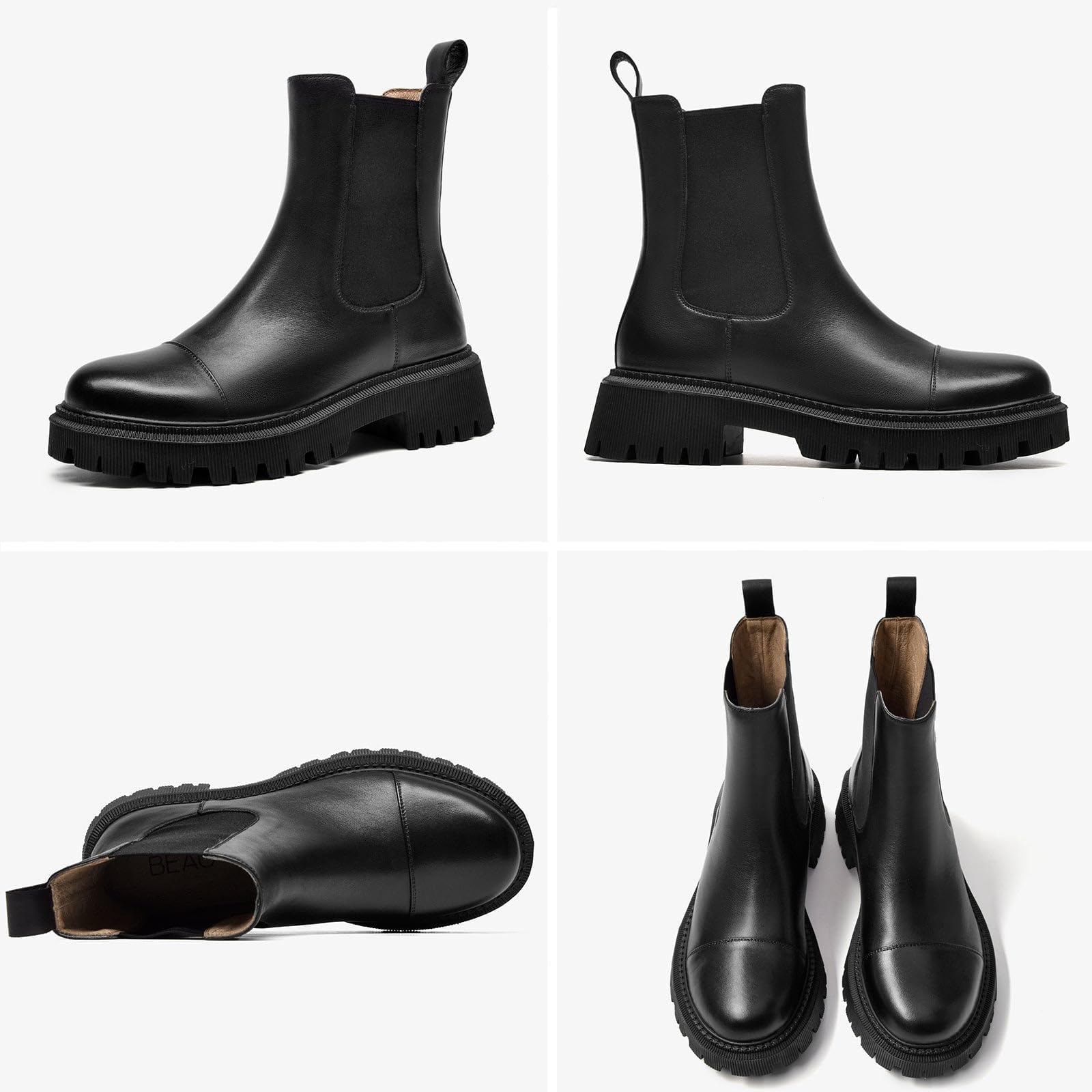 BEAU TODAY Women's Chunky Platform Leather Chelsea Boots - Round Toe Ankle Booties for Winter Fashion & Dress Outfits | Perfect for Office, Casual Wear & Night Out