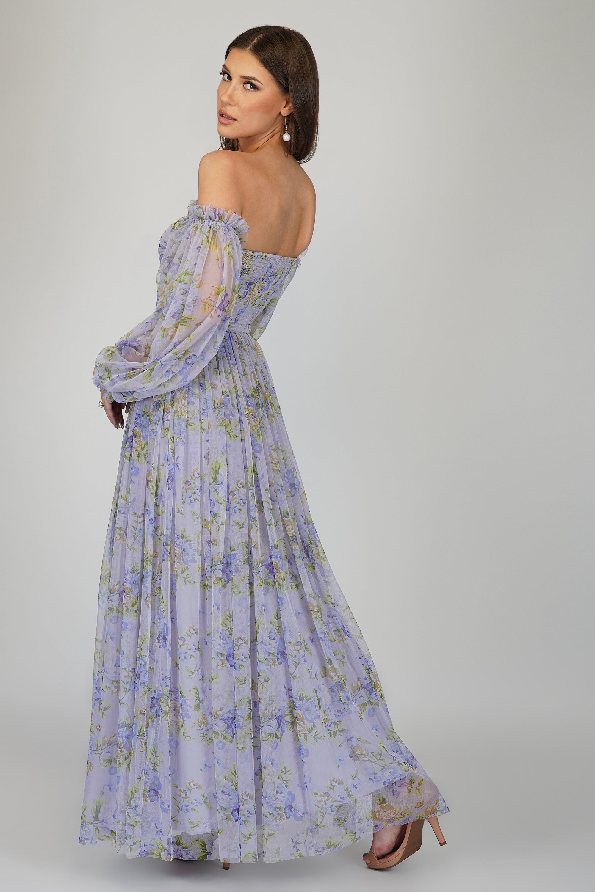 Lana Lilac Printed Tulle Dress for Women - Elegant Floral Lace Evening Gown for Prom, Wedding, Party & Special Occasions