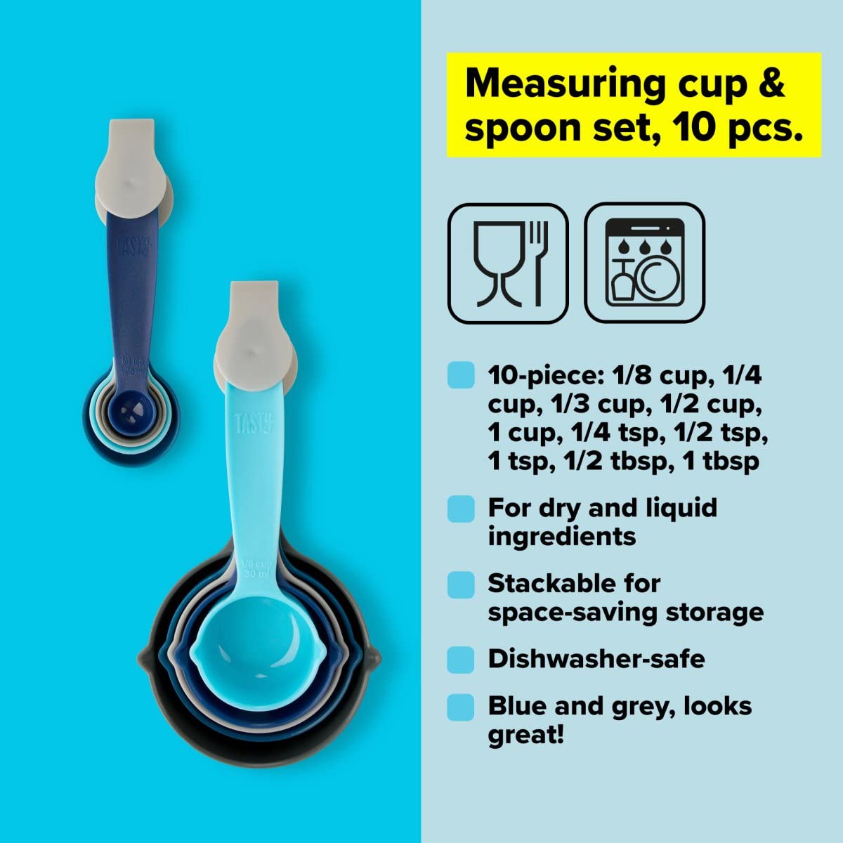10-Piece Measuring Cups and Spoons Set for Baking - Nesting Plastic Measuring Cups & Spoons in Light Blue, Blue & Grey - Essential Kitchen Tools for Cooking, Baking & Meal Prep