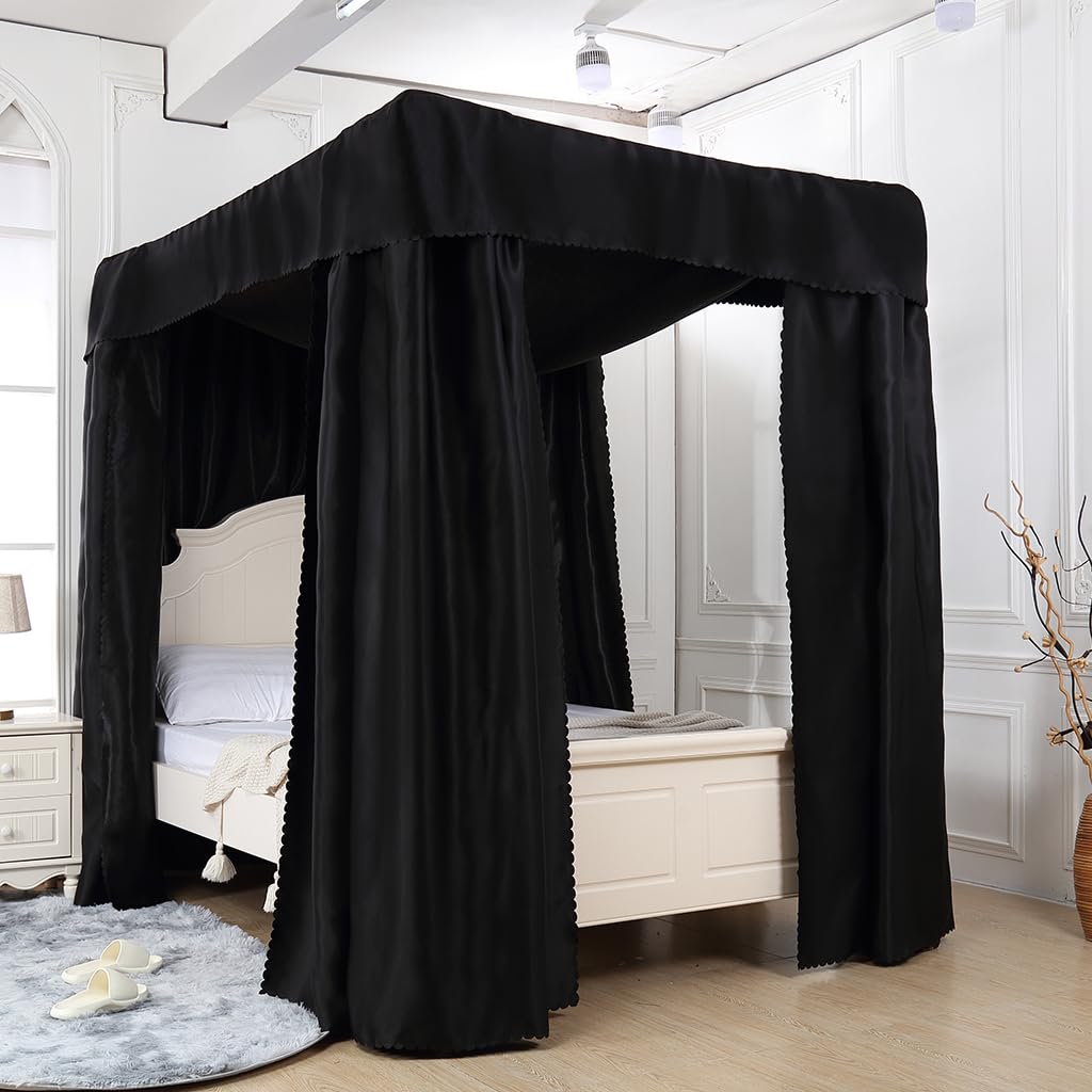 Blackout Bed Canopy for Queen King Beds - 100% Light Blocking 4 Corner Post Curtain, Elegant Bedroom Decor for Adults Kids Teens - Perfect for Nursery, Dorm Room & Master Bedroom (Solid Black, Full Size)
