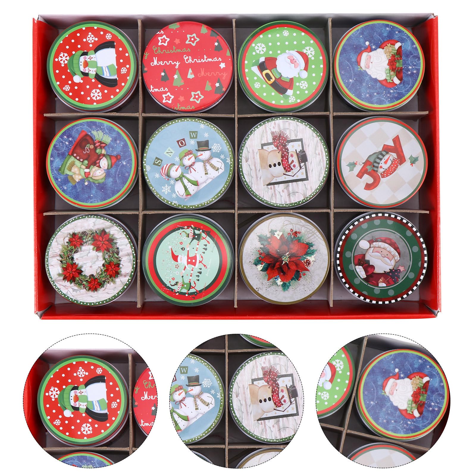 DOITOOL 12PCS Christmas Cookie Tins with Lids - Round Holiday Candy Storage Containers, Small Metal Cookie Box Set for Xmas Gifts, Party Favors & Baking Treats (2.95x2.95x1.97 Inch) - Perfect for Holiday Gift Wrapping, Cookie Exchanges & Festive Dessert Displays