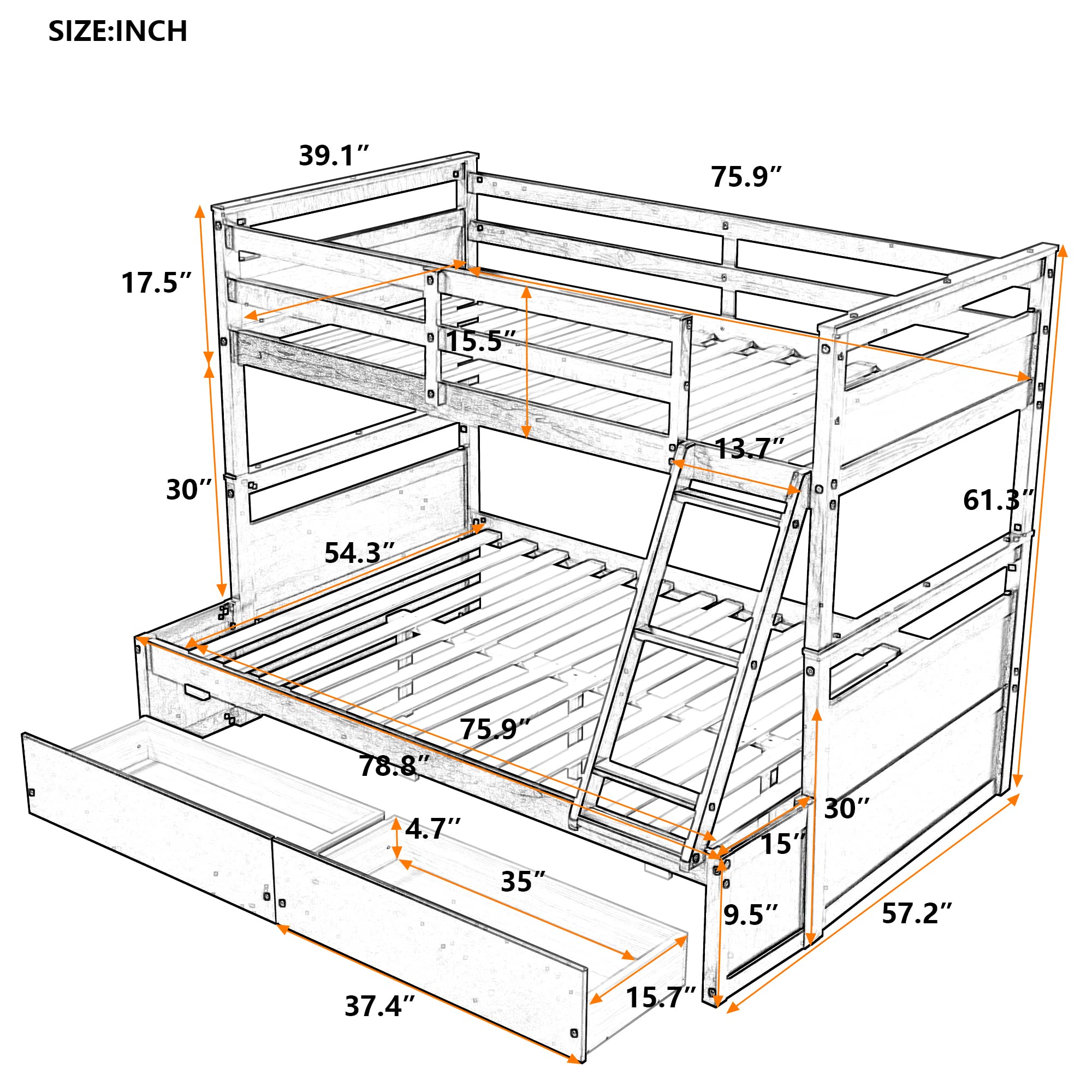 Twin Over Full Bunk Bed with Storage - Solid Wood Frame - Safety Guardrail & Ladder - Convertible to 2 Beds - Perfect for Kids & Teens Rooms