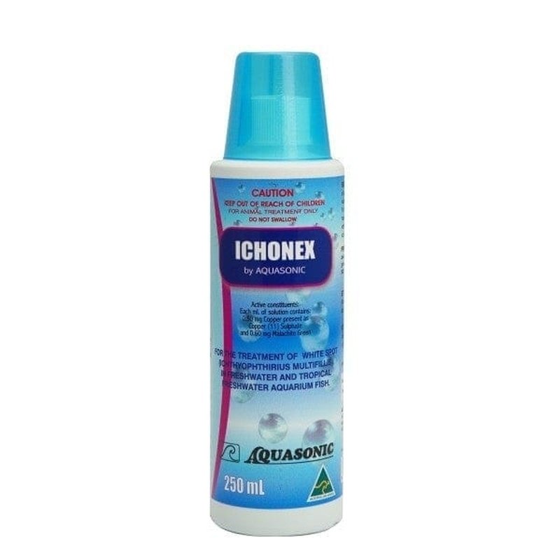 Aquasonic Ichonex Freshwater Aquarium Treatment for White Spot & Velvet Disease - Copper Sulphate & Malachite Green Formula - Effective Fish Medication for Tropical Tanks & Ponds