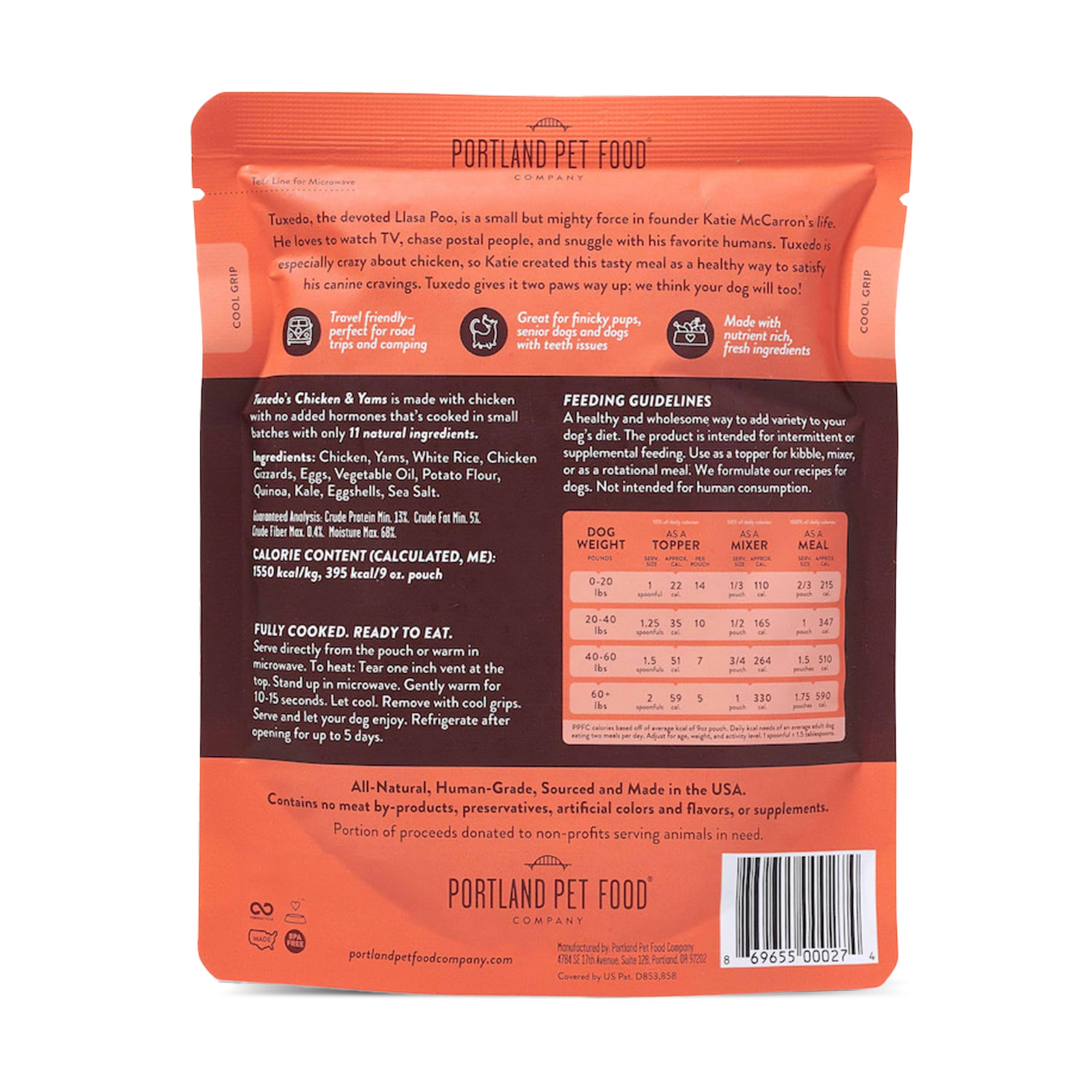 Portland Pet Food Company Tuxedo’s Chicken & Yams Wet Dog Food Pouches - Human-Grade, Grain-Free, Gluten-Free Dog Food Topper & Meal for All Breed Sizes - Made in USA - 8-Pack - Perfect for Picky Eaters, Senior Dogs & Mealtime Enhancement
