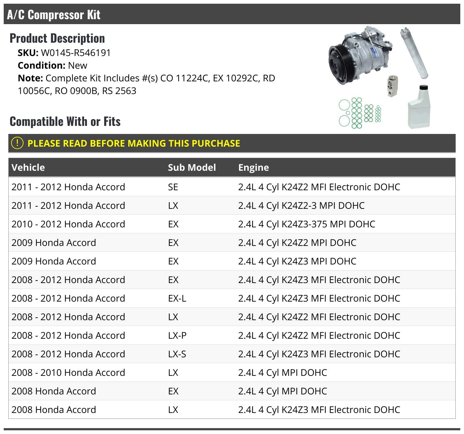 Honda Accord 2.4L 4-Cylinder A/C Compressor Kit (2008-2012) - High Performance Replacement Part for Car AC Repair & Summer Cooling