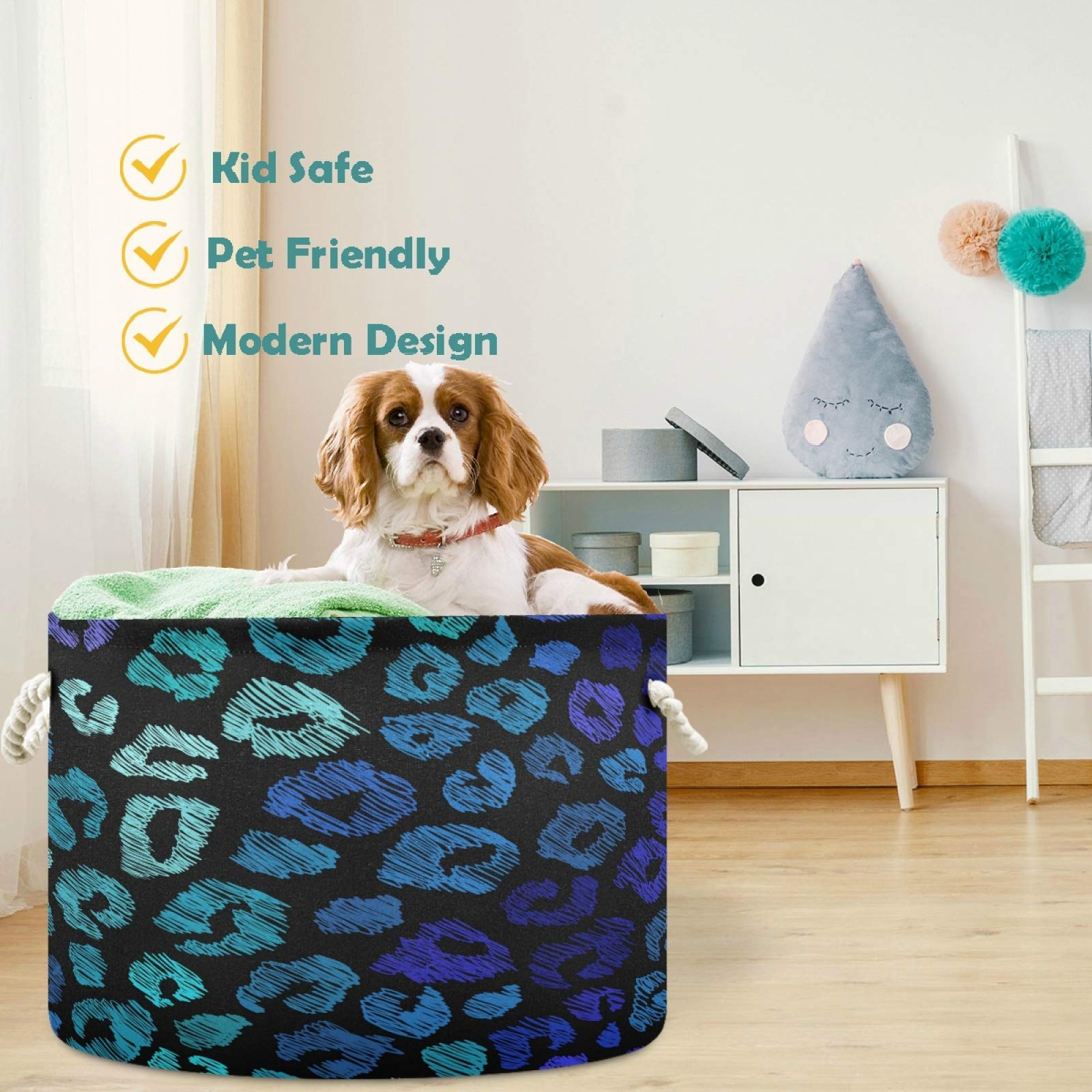 Visesunny Collapsible Large Capacity Storage Basket - Blue & Green Leopard Print Cotton Hamper for Clothes, Toys, Laundry | Durable Foldable Organizer for Bathroom, Bedroom, Nursery, Closet | Perfect for Home Organization & Space Saving