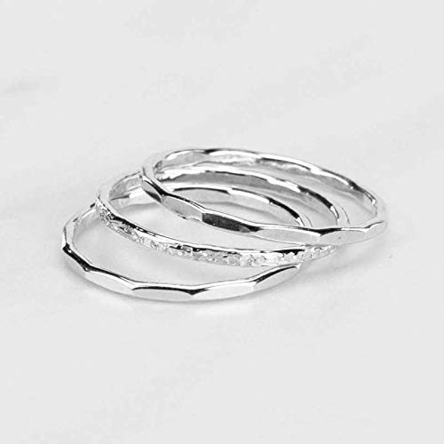 Hammered Stacking Rings Set of 3 - Sterling Silver Stackable Bands for Women - Handmade Jewelry for Layering & Everyday Wear