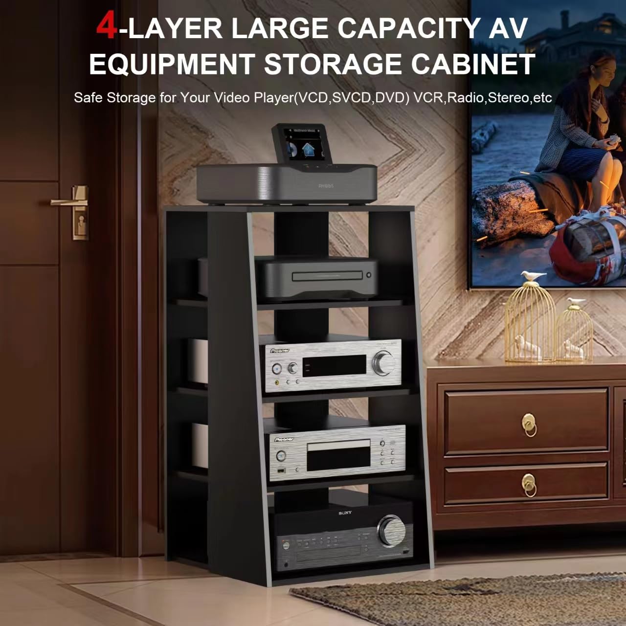 Modern Media Storage Cabinet - 4-Shelf AV Stand for TV, Stereo & Entertainment Components | Durable Living Room Furniture for Home Theater & Media Organization
