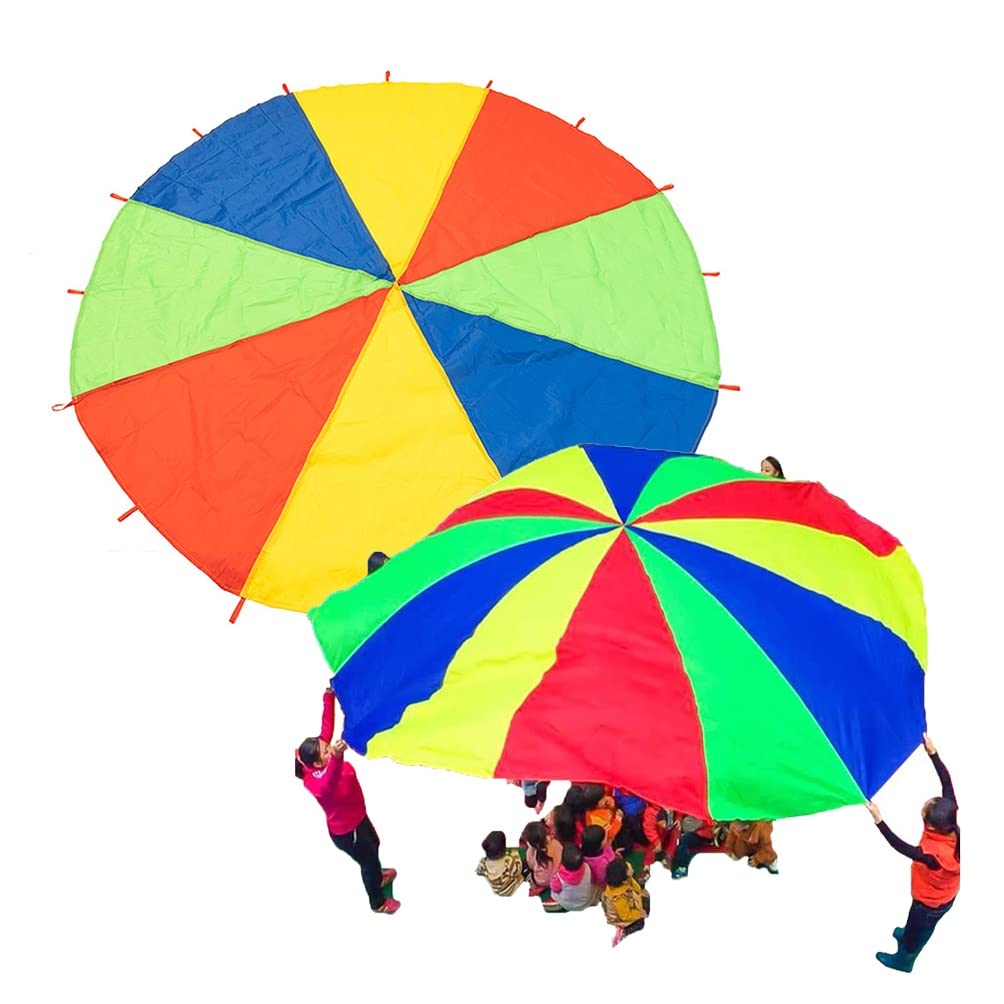 1-12M Kids Rainbow Play Parachute - 8m/26.24ft Outdoor Activity Toy for Field Day, Carnival Games & Team Building - Perfect for Preschool Playtime, Birthday Parties & Family Reunions